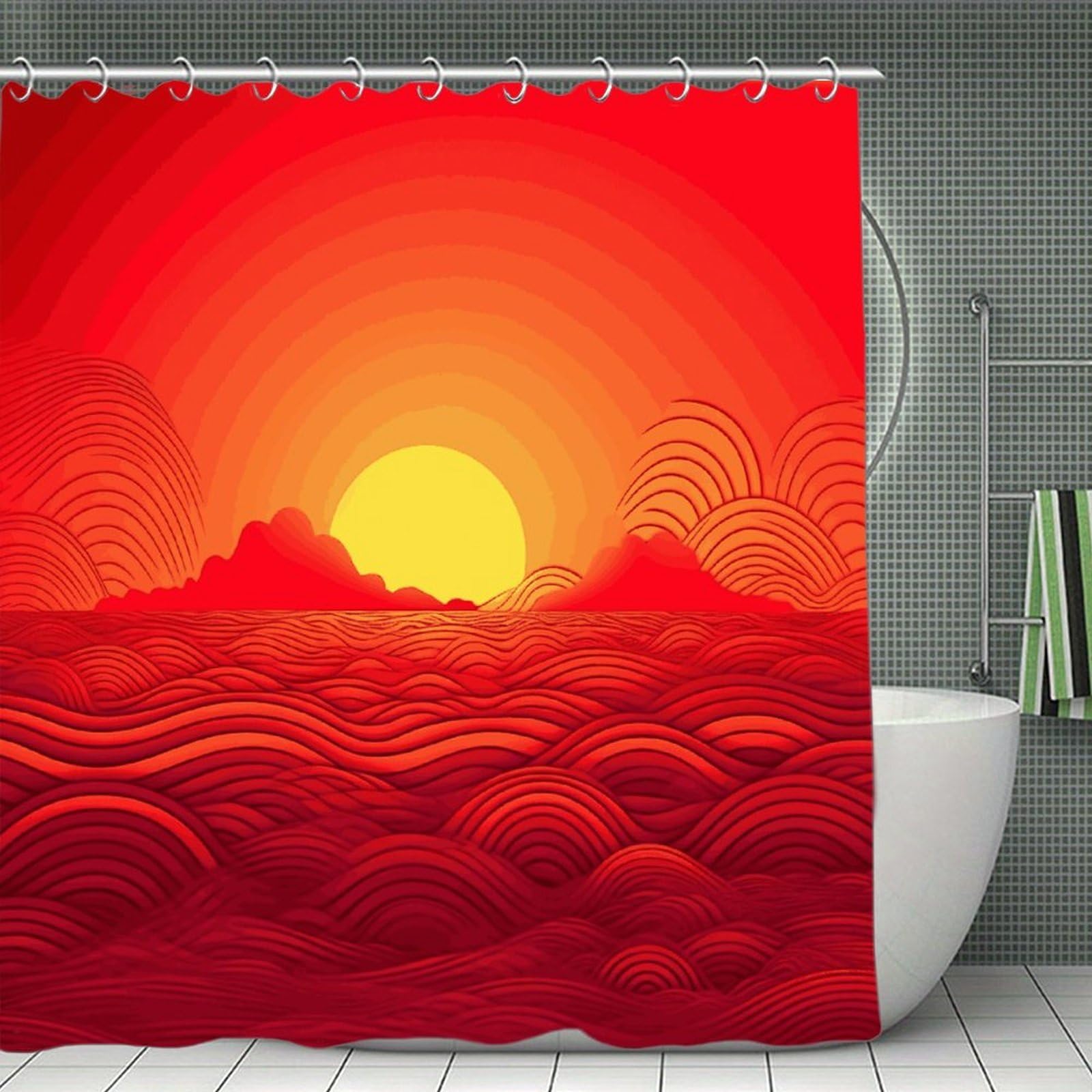 JTREHY Red Sunrise Shower Curtain Waterproof Bathroom Shower Curtain Machine Washable Bath Curtains Polyester Cloth Bath Curtains for Bathroom Showers 70.8×70.8Inch