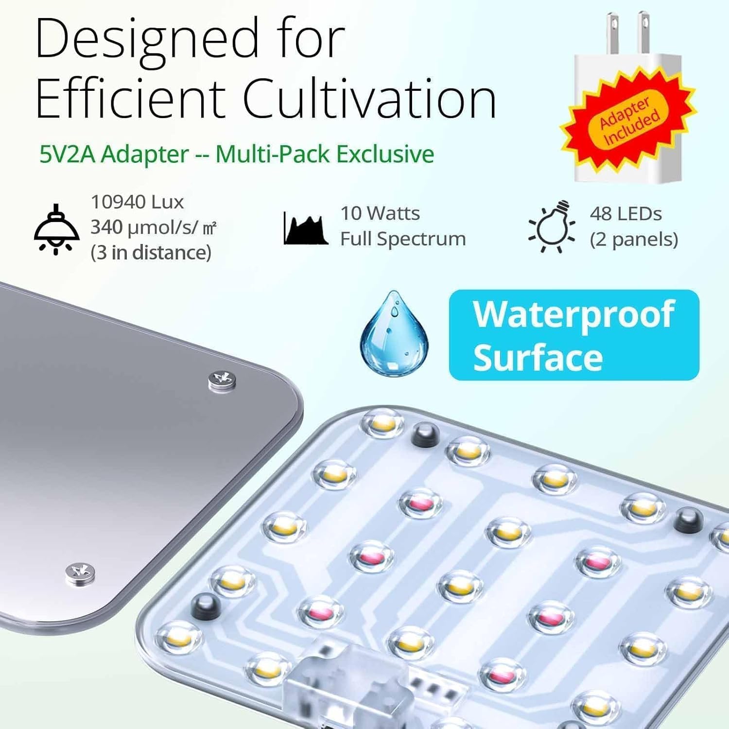 Full Spectrum LED Grow Light for Indoor Plants, 2 Panels 10W with 6/12/16h Timer Dimmable Plant Lights for Flower Veg Plant Growth USB, Netural White, 2-Pack