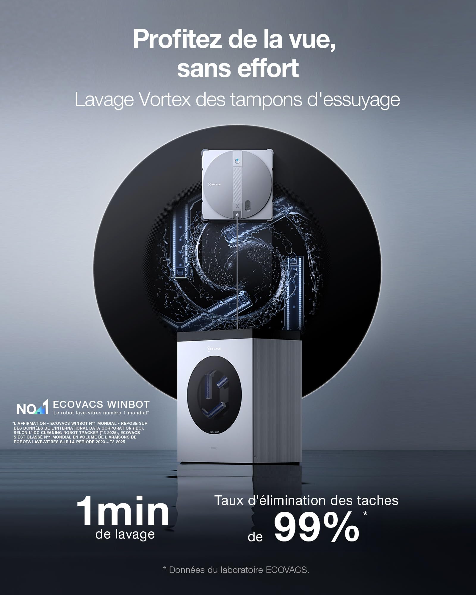 ECOVACS WINBOT W3 OMNI Robot Nettoyeur de Vitres avec Station, Lavage Automatique des Tampons, Nettoyage Intelligent Jusqu’aux Bords, Pulvérisation à 3 Jets, Contrôle via Application