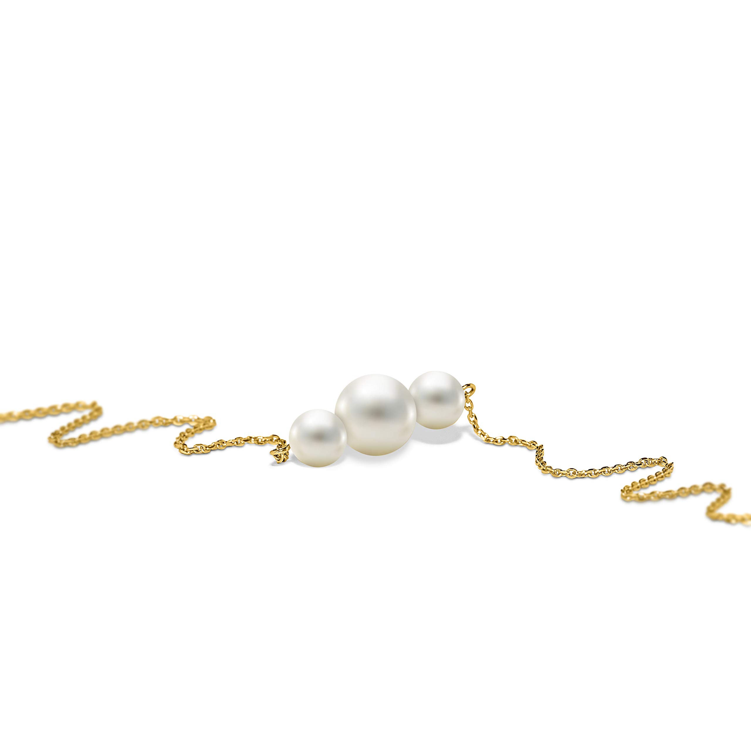 MIORE Schmuck Damen Armband mit 3 weiße runde Süßwasserperlen 6.5 mm Armkette aus Gelbgold 14 Karat / 585 Gold, Länge Einstellbar 18-22cm