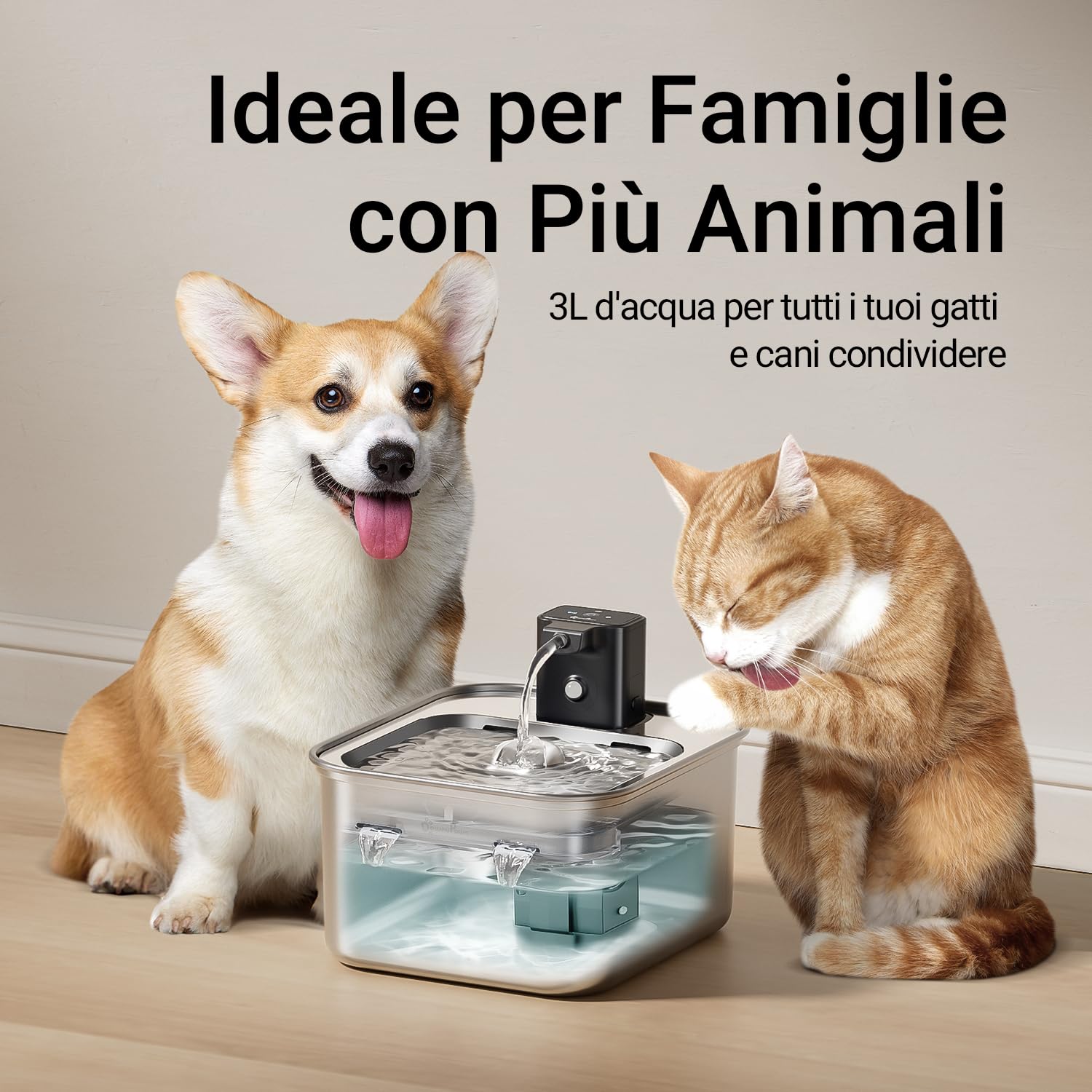 DownyPaws Fontanella per Gatti in Acciaio Senza Fili a Batteria, Fontana Gatto con Sensore di Movimento, 3L Fontanella Acqua Gatto e Lavabile in Lavastoviglie, Nero