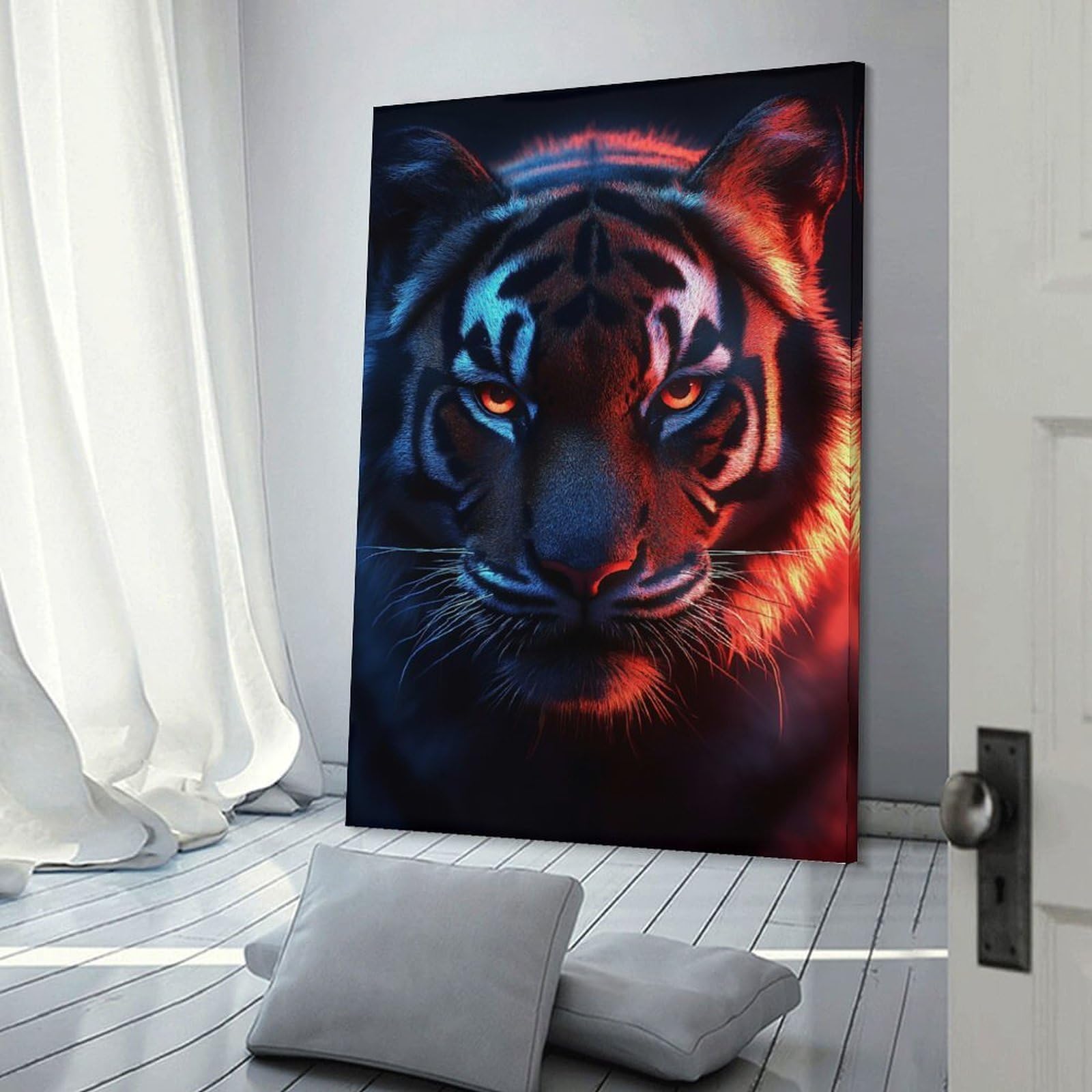 Junmoney Tiger Portrait with Neon Lighting Wall Picture Print 16x24inch(40x60cm), for Home Office, Desk Area Or Studio, Home Office Artwork with Decorative Appeal