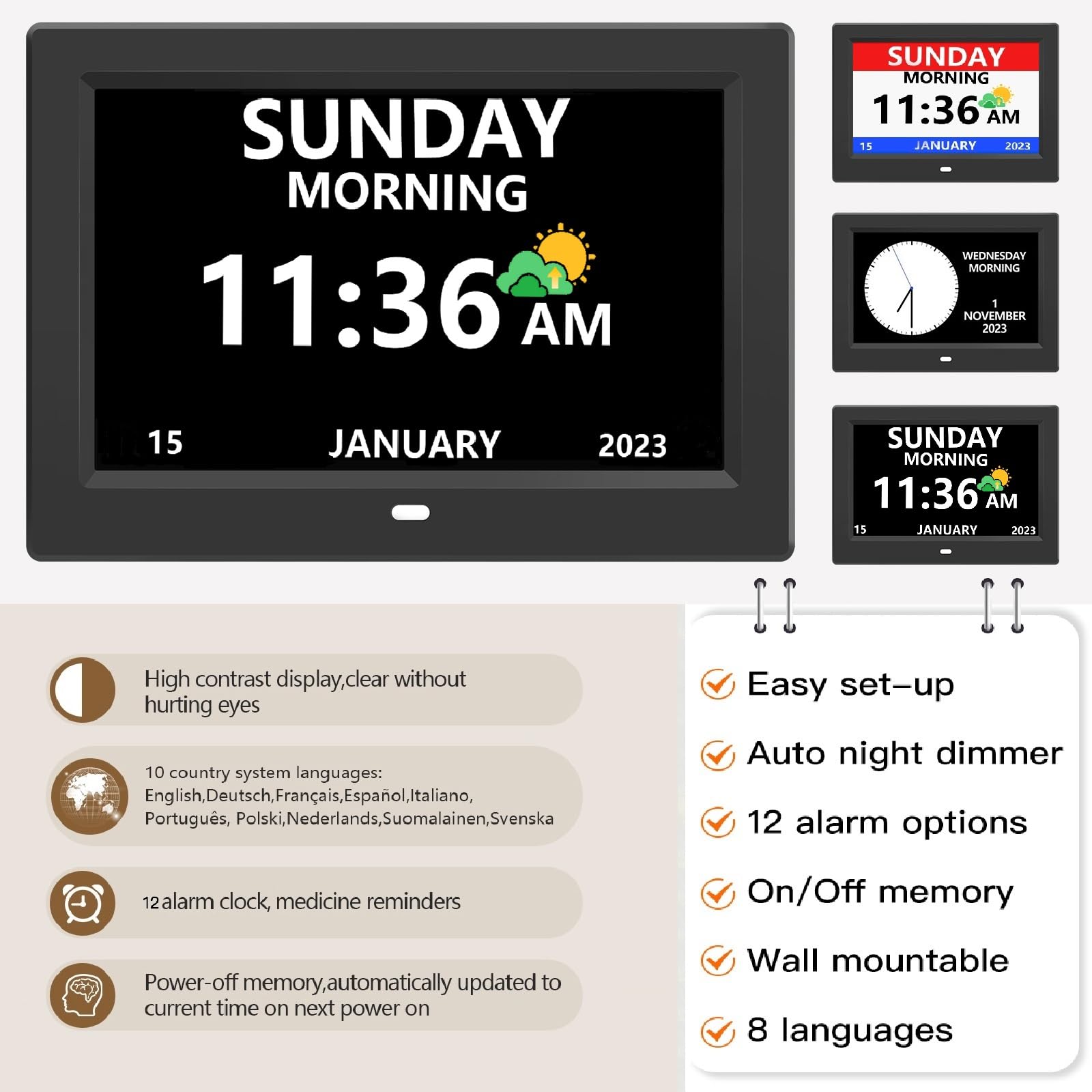 LXBYJKJ Reloj digital de 10 pulgadas con día y fecha para personas mayores, alarmas personalizables, 3 modos de visualización, fuente grande, reloj despertador para personas mayores Auto DST