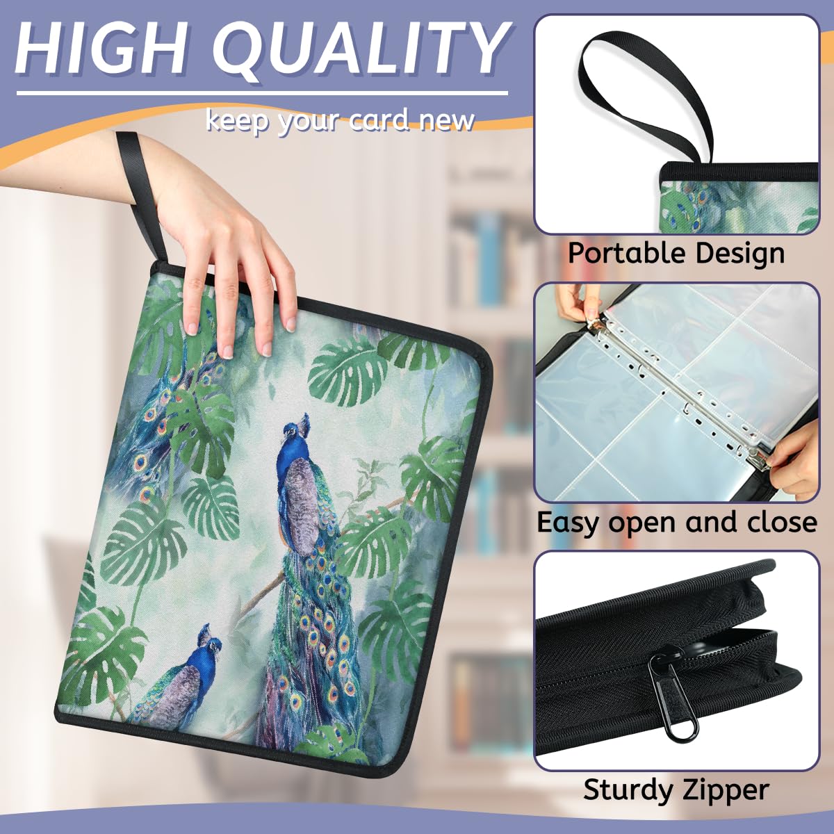 Carpeta para tarjetas coleccionables con 4 bolsillos, diseño de pavo real, hojas tropicales, con fundas extraíbles, impermeable, con cremallera, capacidad para 50 páginas y 400 tarjetas