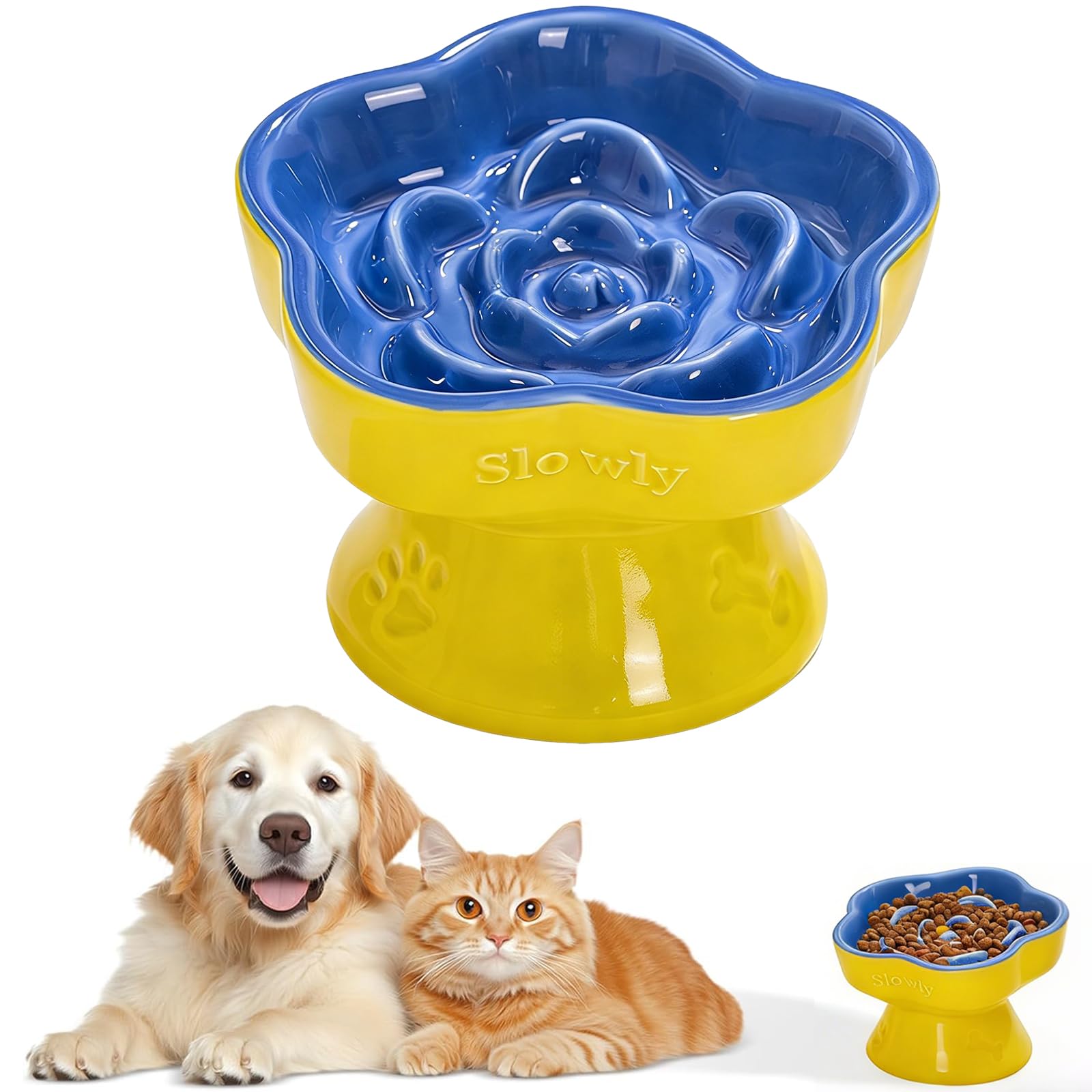 MEETOZ Raised Slow Feeder Cat Bowl, Ceramic Elevated and Cat Food Bowl Small Dogs Slow Feeder Bowl, Flower Shaped Cute Cat Bowl for Dry and Wet Food (Blue, 5.8")