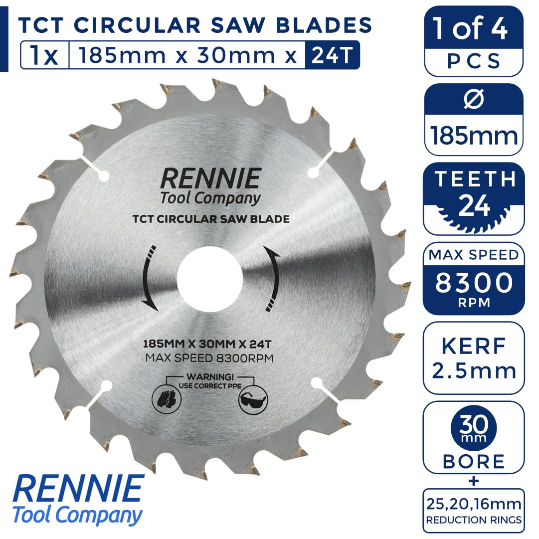 Confezione da 4 lame per sega circolare da 185 mm x 24T 40T 60T 80T TCT x foro 30 mm + anelli di riduzione del foro da 25 mm/20 mm/16 mm, adatte per seghe circolari Evolution Bosch, Makita, Ryobi,