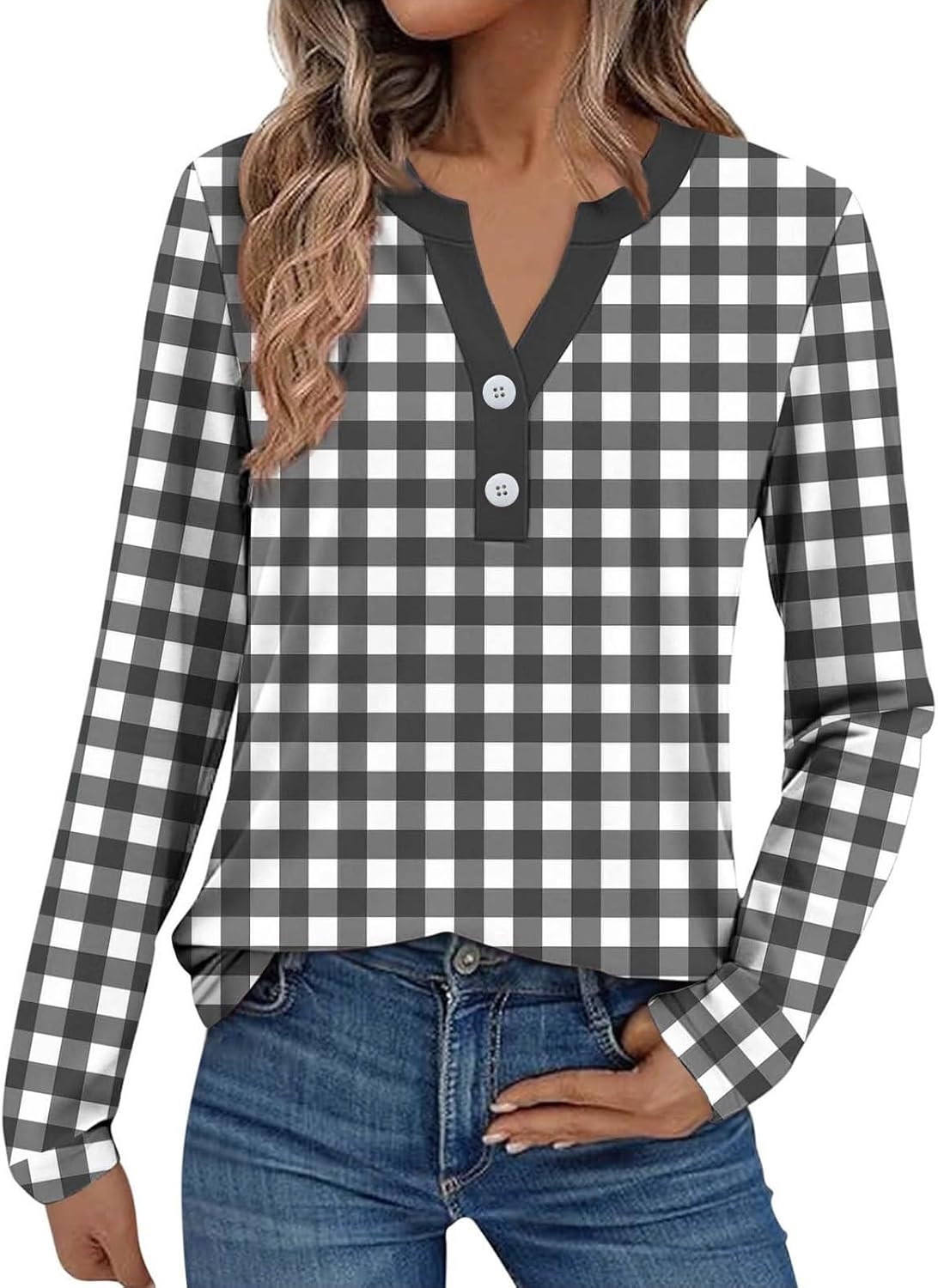 Womens 3/4 Length Sleeve Tops Dressy Plaid Polka Dot Graphic V Neck T Shirts Loose Fit Button Three Quarter Work Blouse