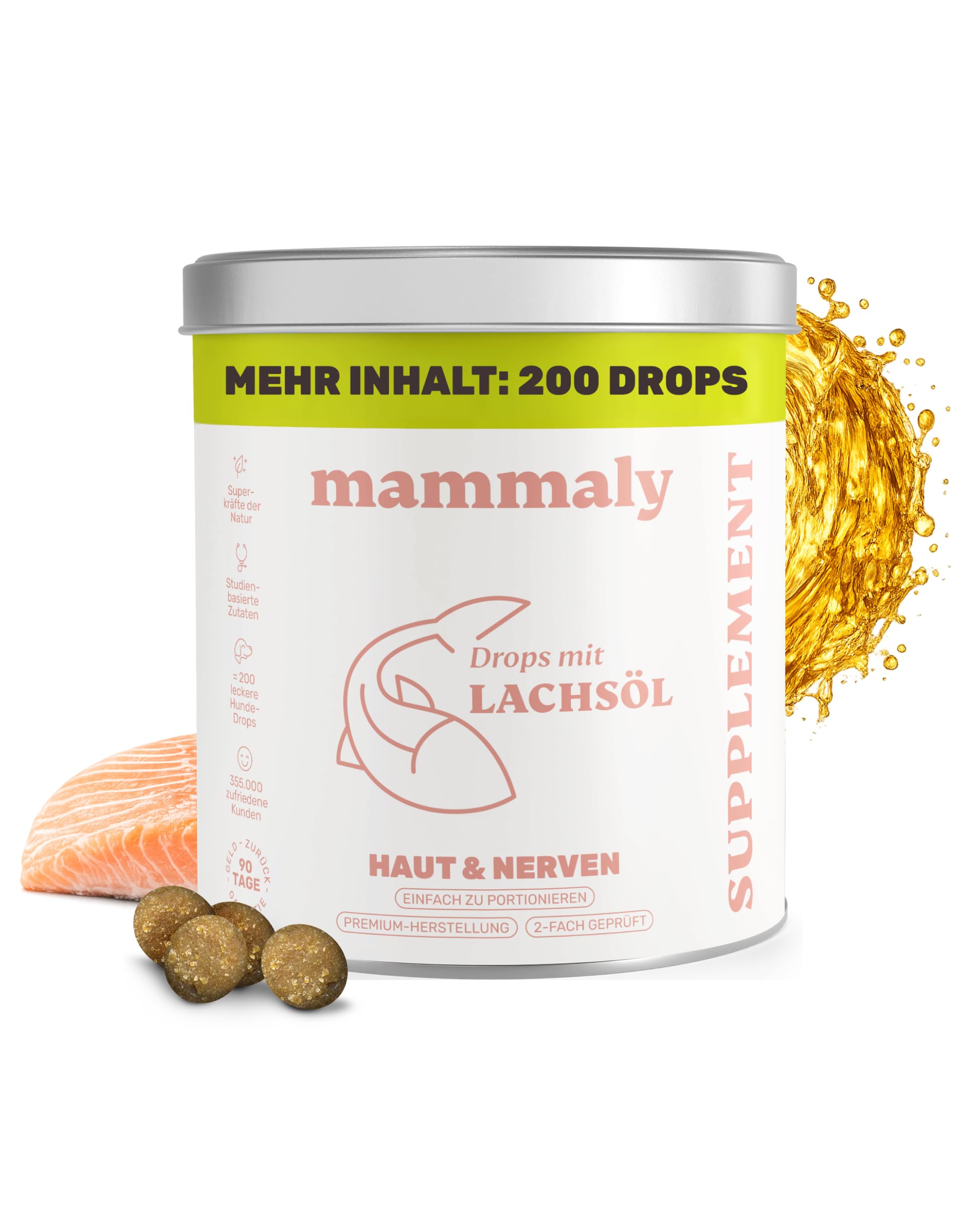 Lachsöl Drops für Hunde - 200 Leckerli (340g) von mammaly - Mit Lachs, Vitamin D & Omega 3 für Haut und Fell/Skin & Coat, Fellpflege & Hautpflege - Kann bei Haarausfall unterstützen für deinen Hund
