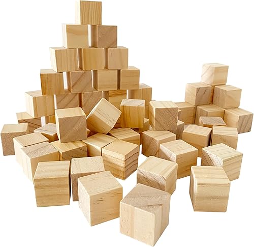 MUXGOA Cubos de madera sin terminar, paquete de 50 bloques de madera para manualidades, bloques cuadrados de madera de 1 pulgada para manualidades,