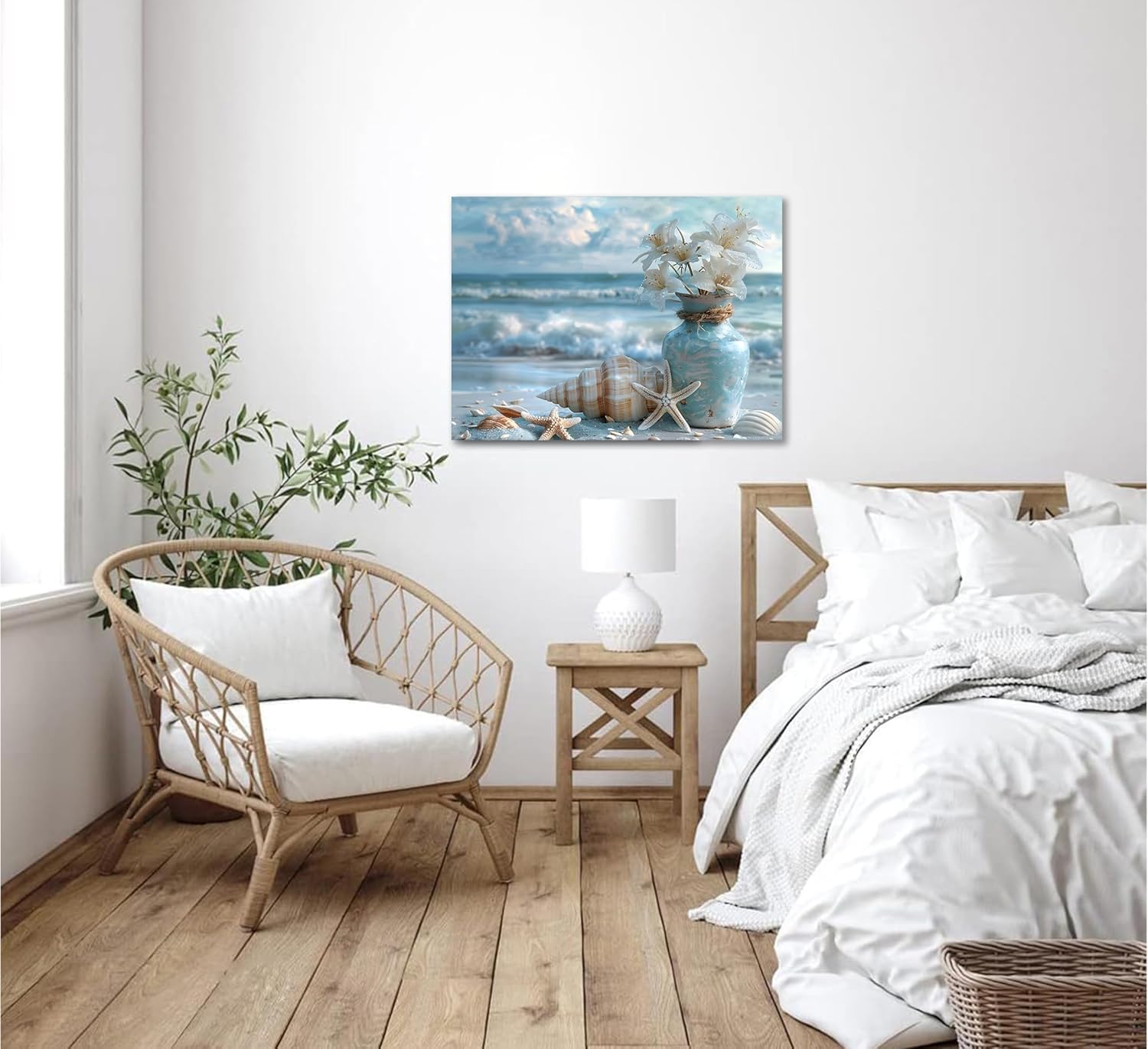 Blue Ocean Beach Bathroom Canvas Wall Art Starfish with White Flower Coastal Picture Wall Decor Seascape Poster Seaside Seashell Painting Print Artwork for Living Room Bedroom Restroom, Framed