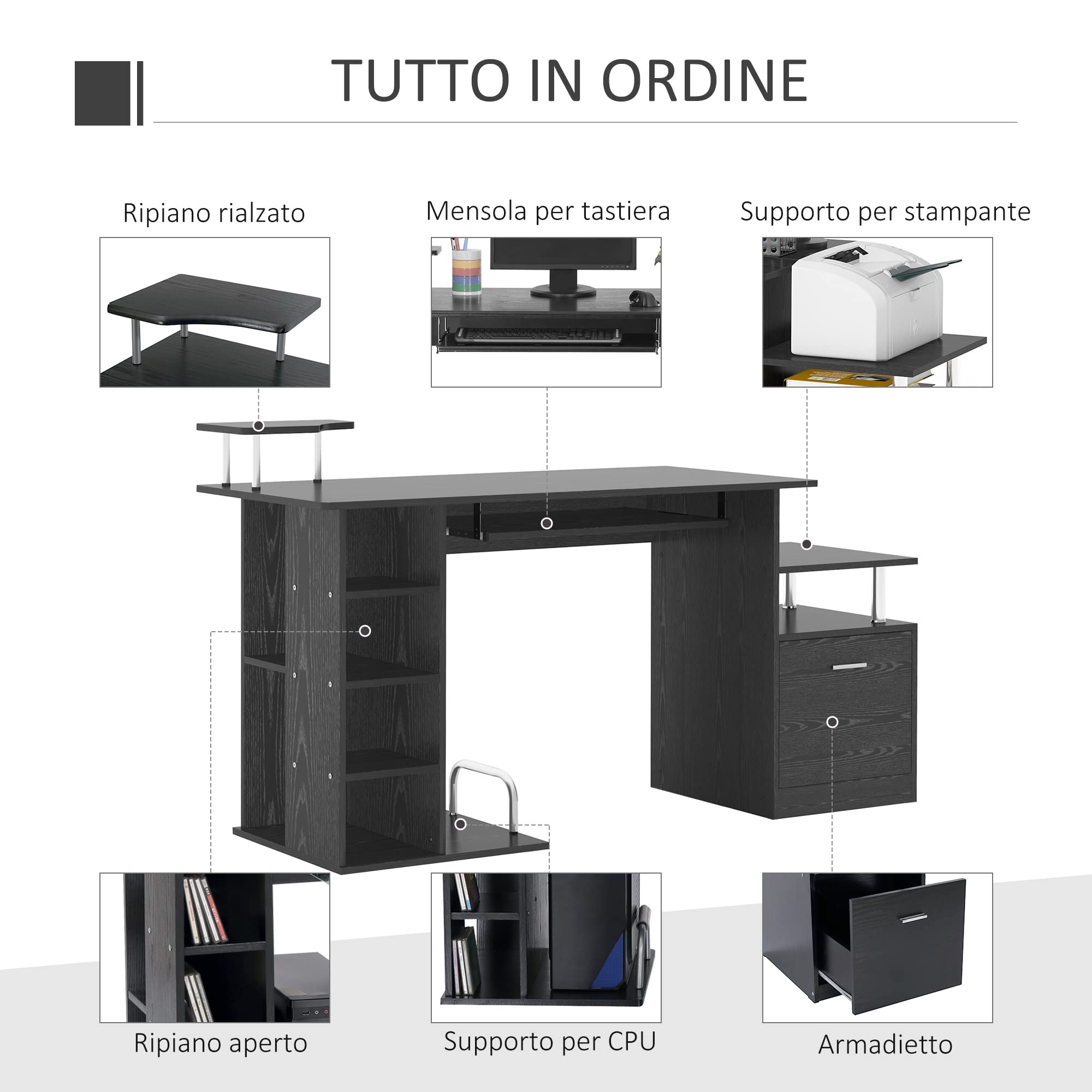HOMCOM Scrivania per Computer Moderna con Cassetti, Ripiani e Tastiera Estraibile, Scrivania da Ufficio per Casa in Legno Nero 152x60x88cm