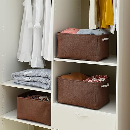 Miniatura 4 de TheWarmHome Cesta decorativa rectangular de tela con asas para almacenamiento de ropa (marrón, grande, paquete de 3, 15.7 pulgadas de largo x 11.8