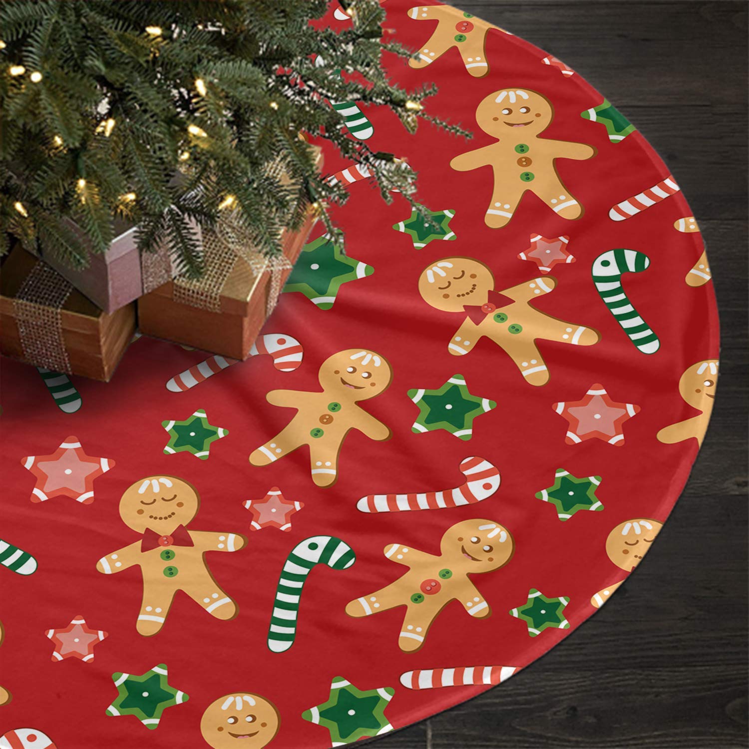 LANEABUY Cute Christmas Gingerbread Man Holiday Party Candy Tree Skirt Double Layers Thick Xmas Tree Mat Holiday Party Decorations Christmas Tree Skirt, 36 inches