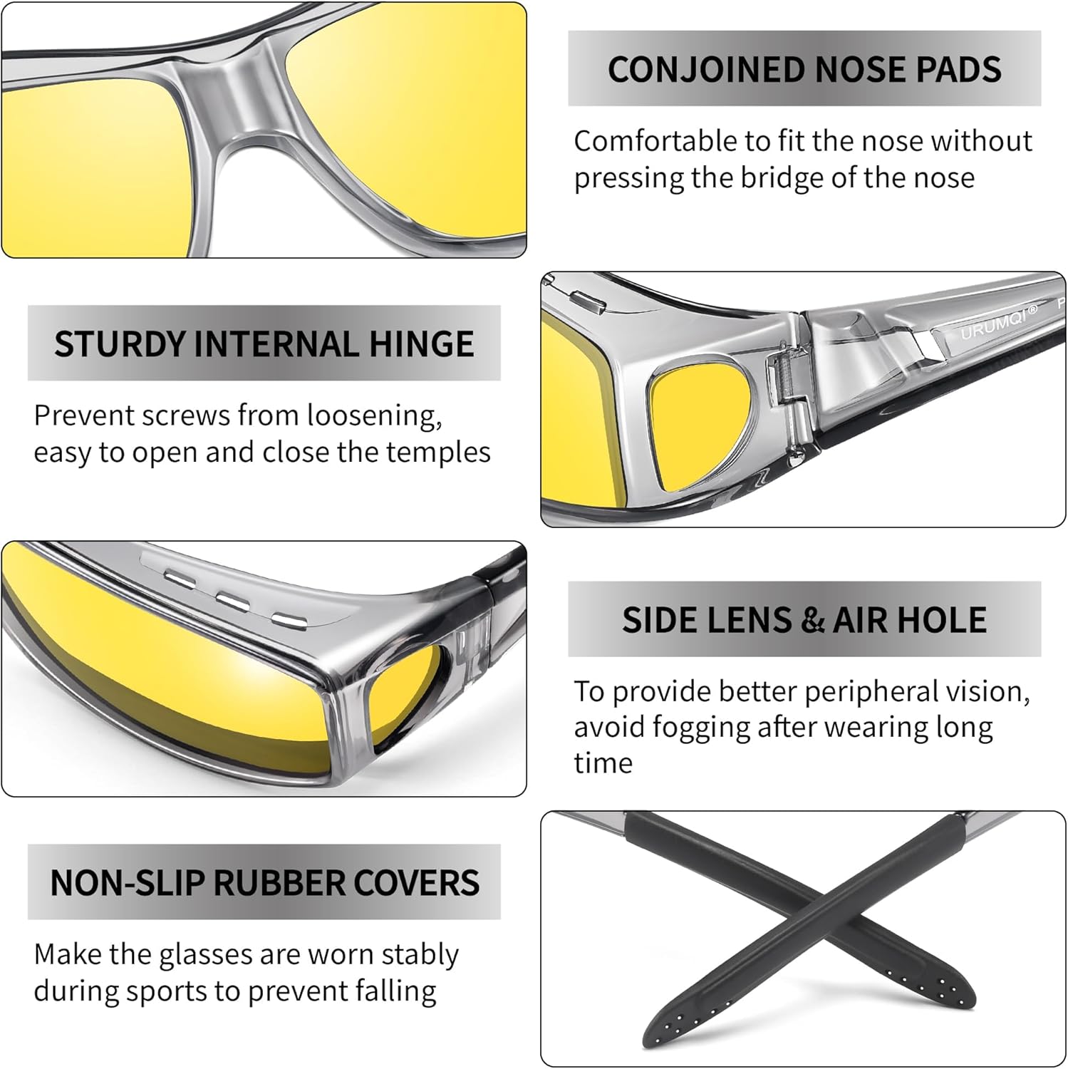 URUMQI Night Vision Driving Glasses Fit Over Eyeglasses for Men Women, Anti Glare Polarized Nighttime Glasses Yellow Lens - Image 4