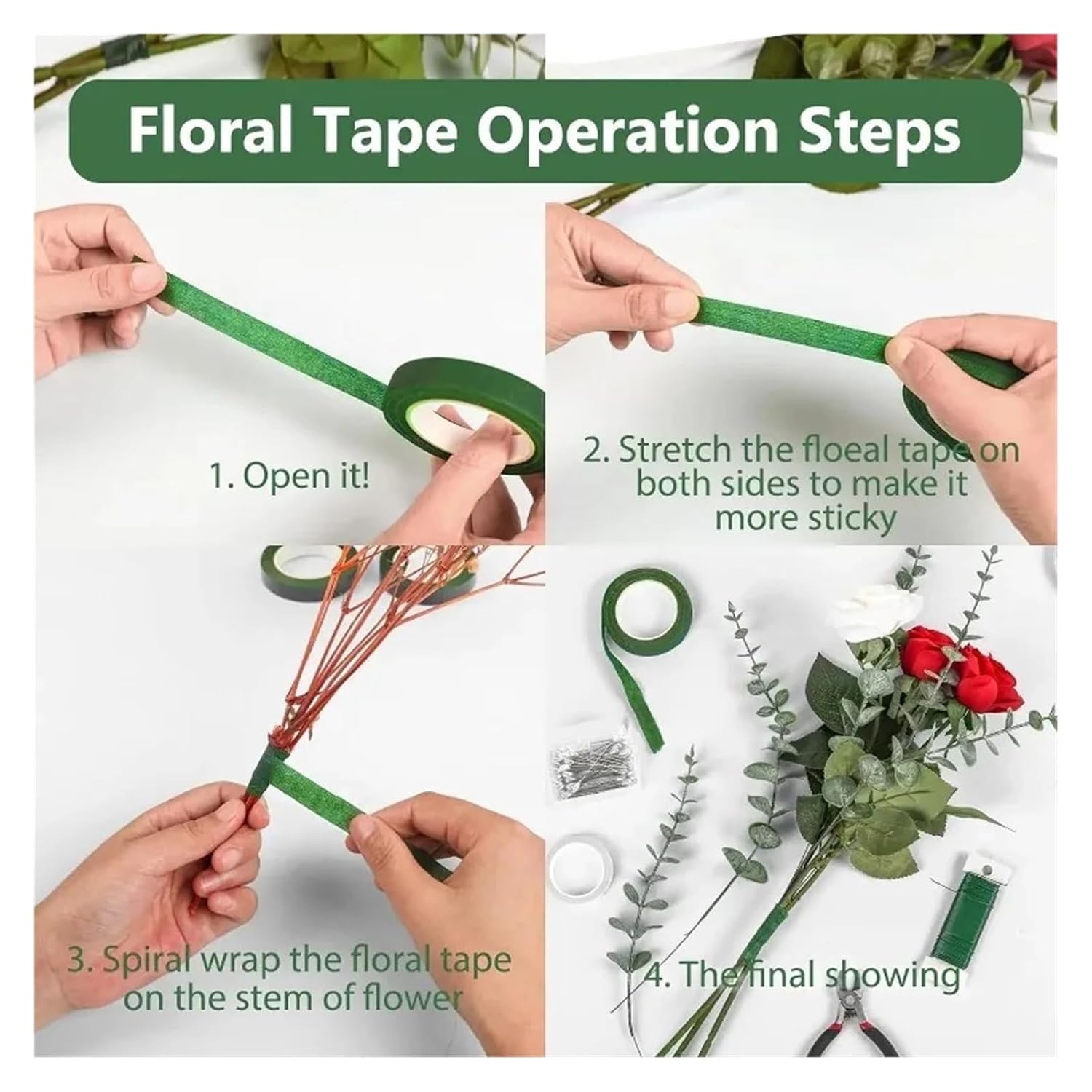 10 Rolls Floral Tape - Self-Adhesive Stamen Wrapping Paper for DIY Flower Arrangements, Wedding & Party Decor(Light Green)