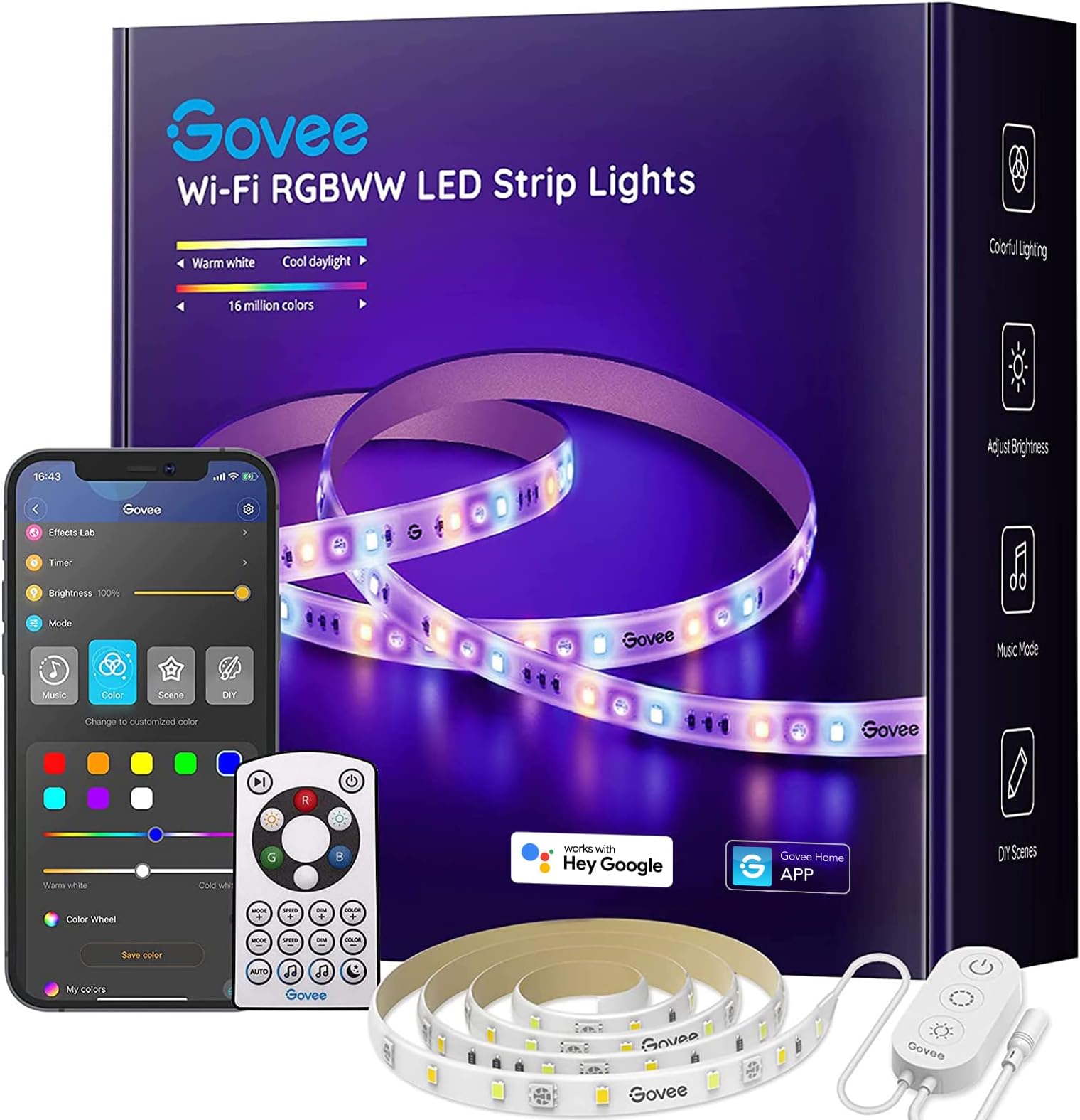 Govee Smart WiFi RGBWW LED Strip Lights, Warm and Cool White, Works with Alexa and Google Assistant, App and Remote Control, Bright 216 LEDs, 9.8ft for TV, Cabinet, Mirror, Desk, Kitchen, Bedroom