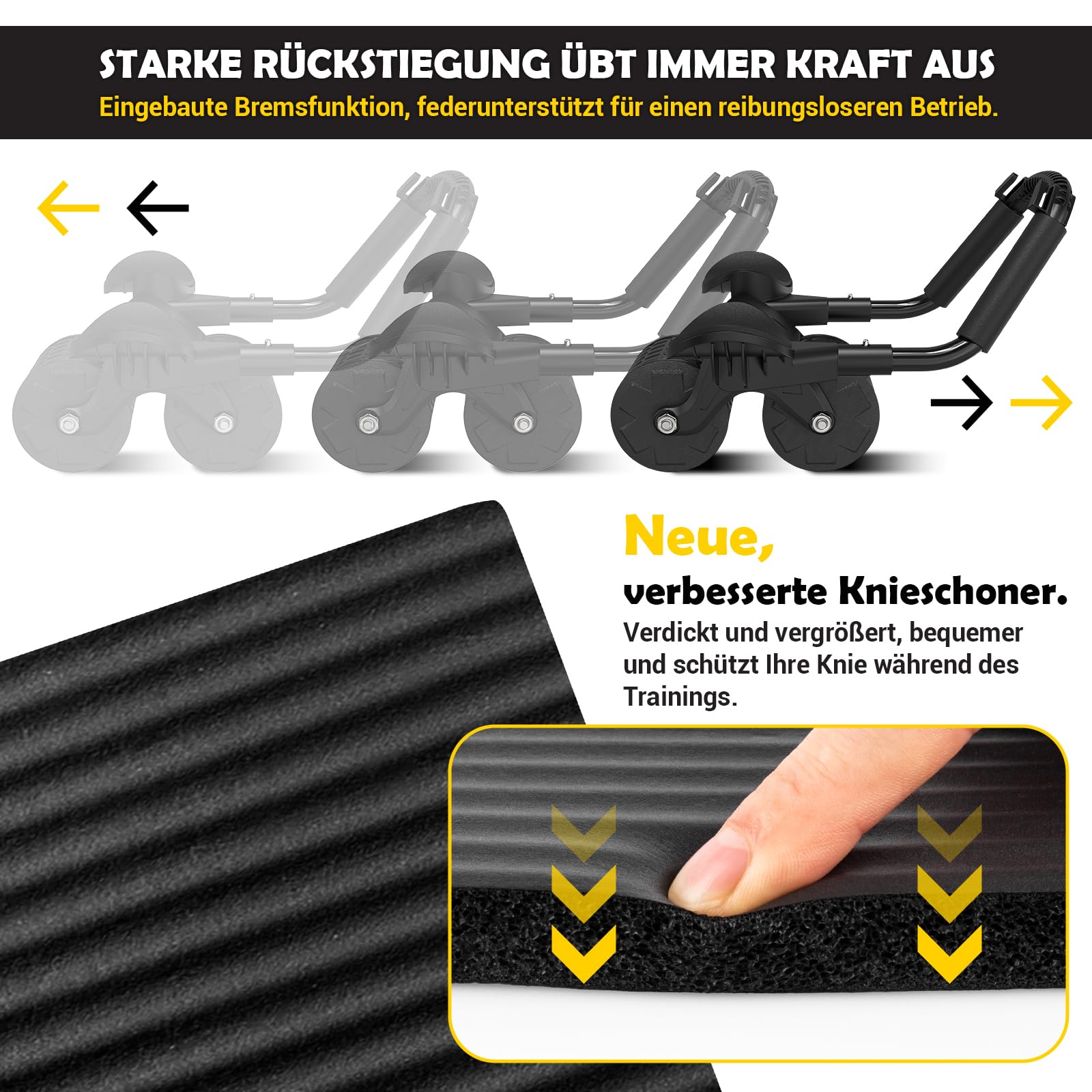Roue abdominale pour abdominaux - Rouleau de rebond automatique pour l'entraînement des abdominaux - Avec tapis de genoux - Avec support des coudes et doubles roues stables