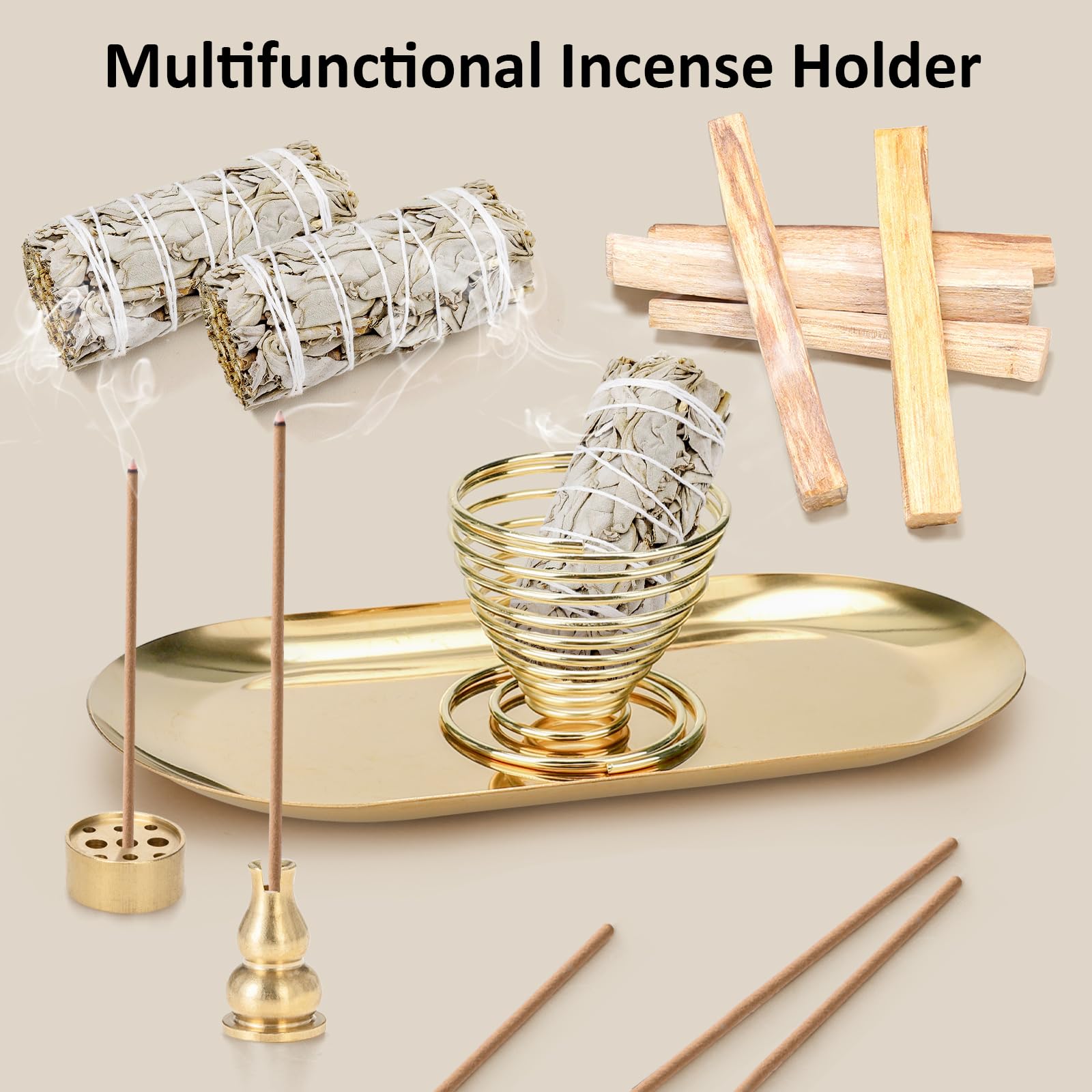 Affumicatore 5 In 1 In Ottone, Supporto Per Palo Santo, Incenso Bastoncini, Coni E Spirali, 14 Cm