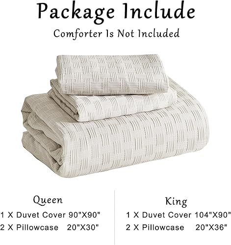 Miniatura 7 de Senville Juego de funda de edredón color crema, tamaño King, funda de edredón de tejido de gofre, 3 piezas, suave y transpirable, juego de ropa de