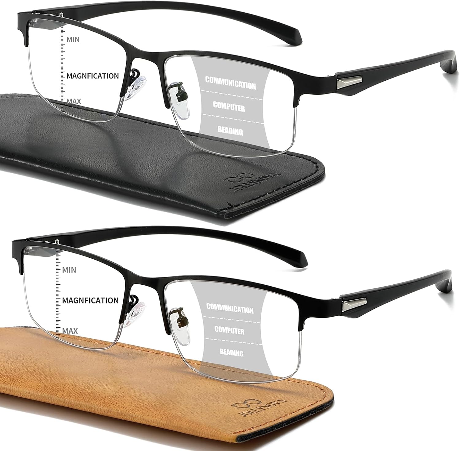 JOLLYNOVA 2 Pack Progressive Reading Glasses Men,Half Rim TR90 Temples Blue Light Blocking Multifocus Computer Readers (2Pack/Progressive, 3.5, Diopters)