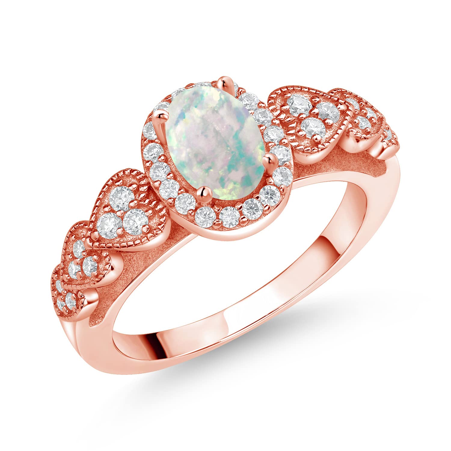 Gem Stone King 18K Rose Gold Plated Silver Heart Desing Ring Oval Cabochon Simulated Opal Moissanite (1.18 Cttw)