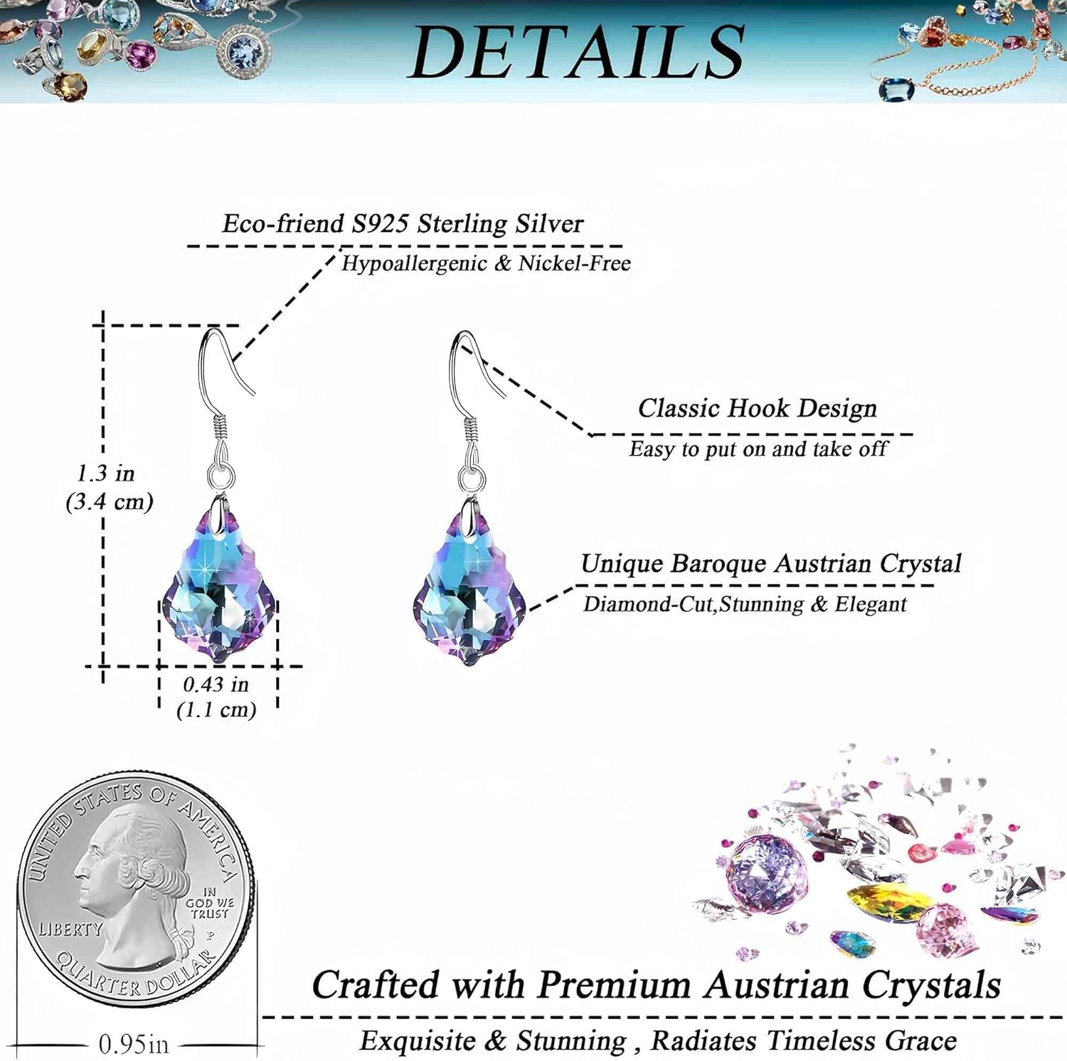 Austrian Crystal Baroque Drop Dangle Earrings for Women 925 Sterling Silver Hook Hypoallergenic Jewelry - Image 4