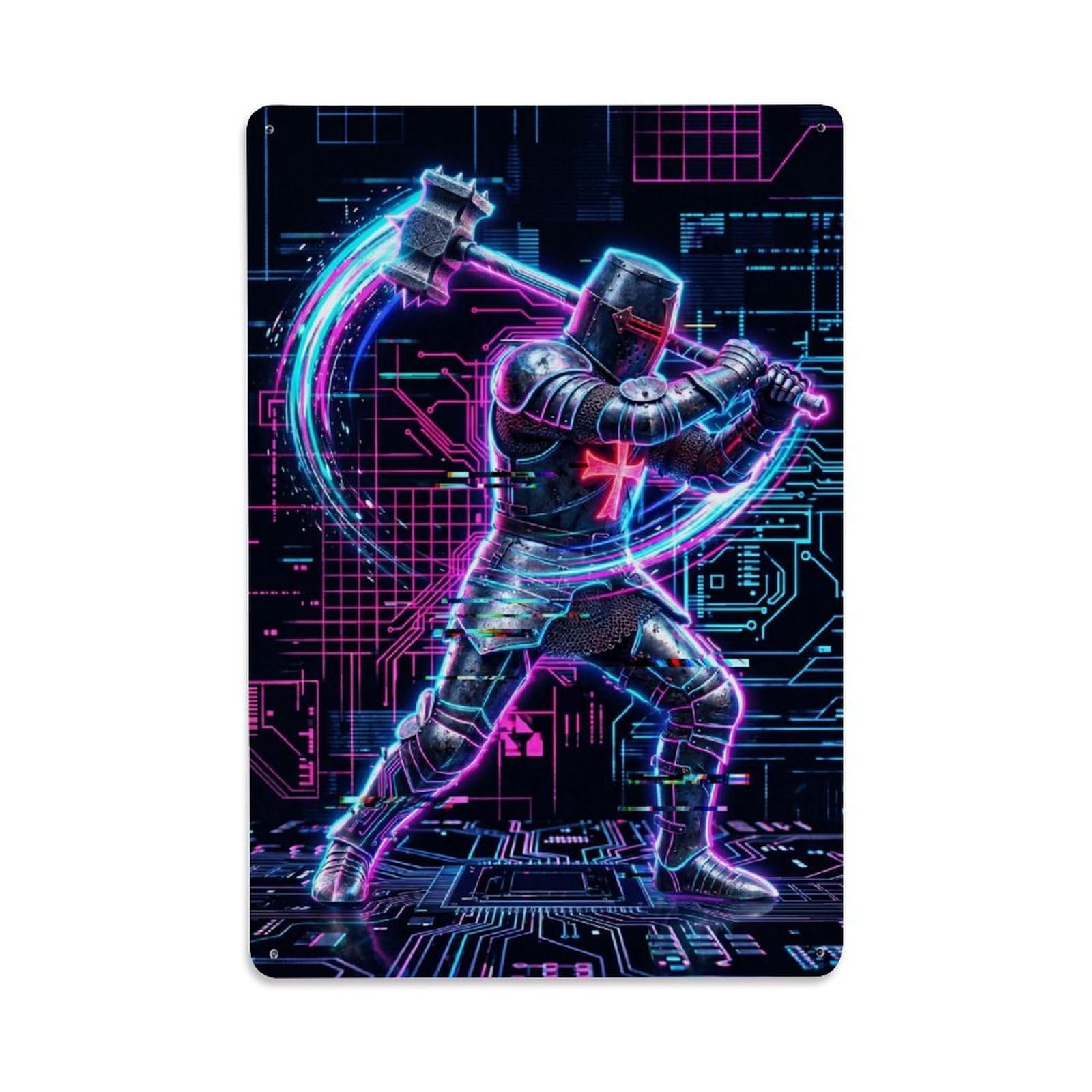 Olhnbad Style Crusader Knight Sword Fighter Medieval Armour Neon Metal Tin Sign