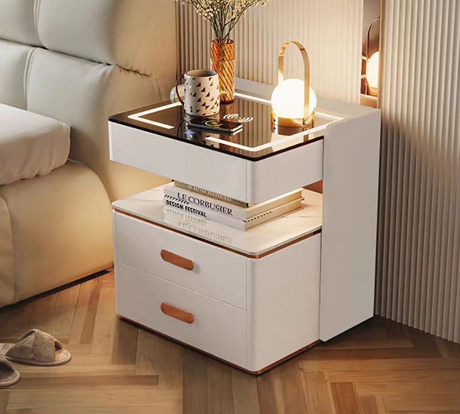 BYLYSLED Nightstand with Wireless Charging Station, with Password Locks and Storage Drawers Bedside Table, Smart Nightstand for Bedroom Furniture(White,15.7 * 15.7 * 22.1in)