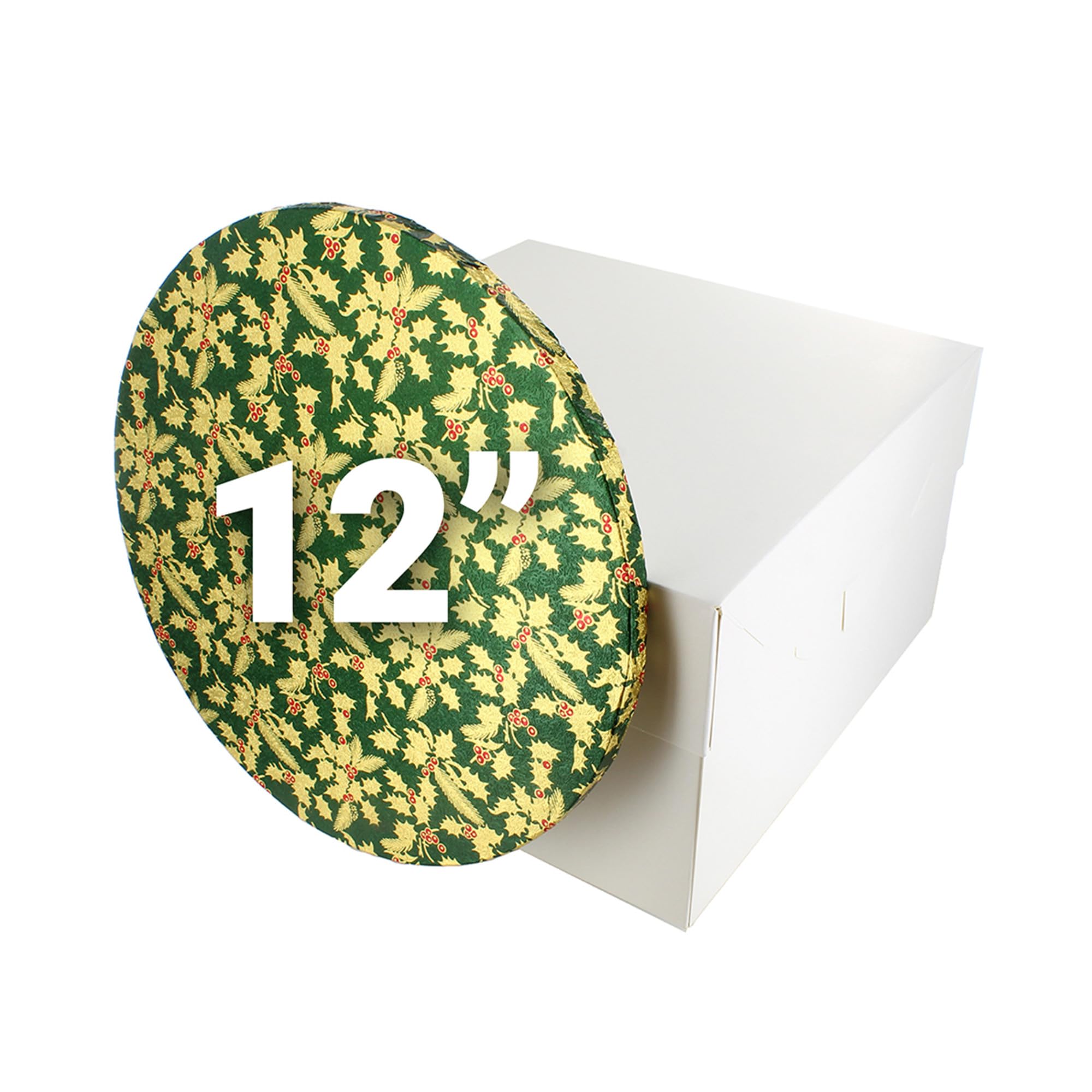 Culpitt Green Christmas Cake Board & Box Set | 12" (30Cm), | White Cake Box & Gold Holly Drum, Festive Cake Transport Combo