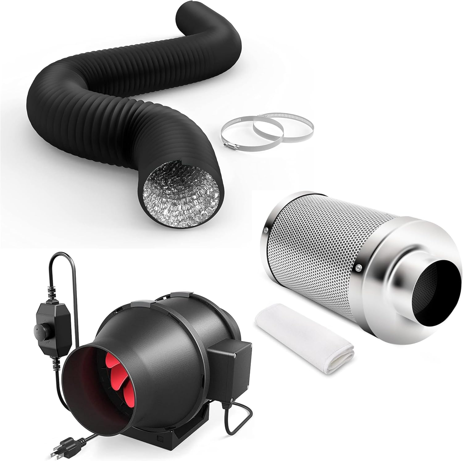 iPower Grow Tent Ventilation System, 6 Inch 395 CFM Inline Duct Fan with Speed Controller, 6" Silver Filter and 8Ft Black Ducting for Grow Tents, Black