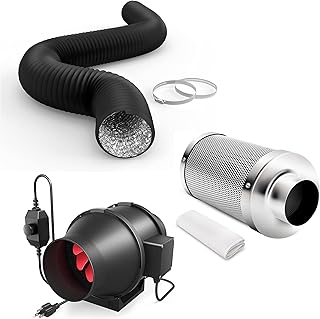 iPower Grow Tent Ventilation System, 4 Inch 200 CFM Inline Duct Fan with Speed Controller, 4" Silver Filter and 8Ft Black Ducting for Grow Tents, Black