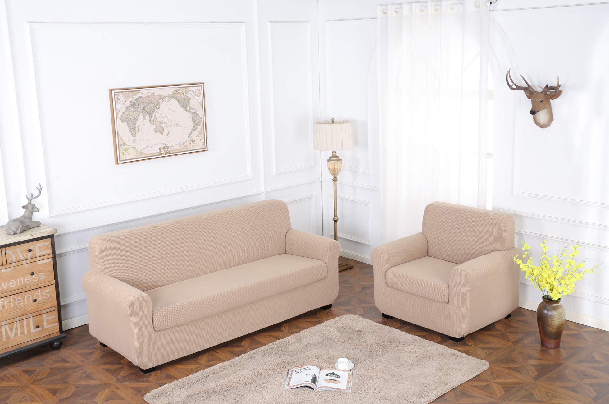 TIANSHU Fodera per Poltrona, Copri Poltrona 2 Posti Elasticizzato Jacquard Antiscivolo Copertura Poltrona Fodere Copridivani Contiene 1 copridivano e 1 coprisedile Divano (2 Posti, Sabbia)