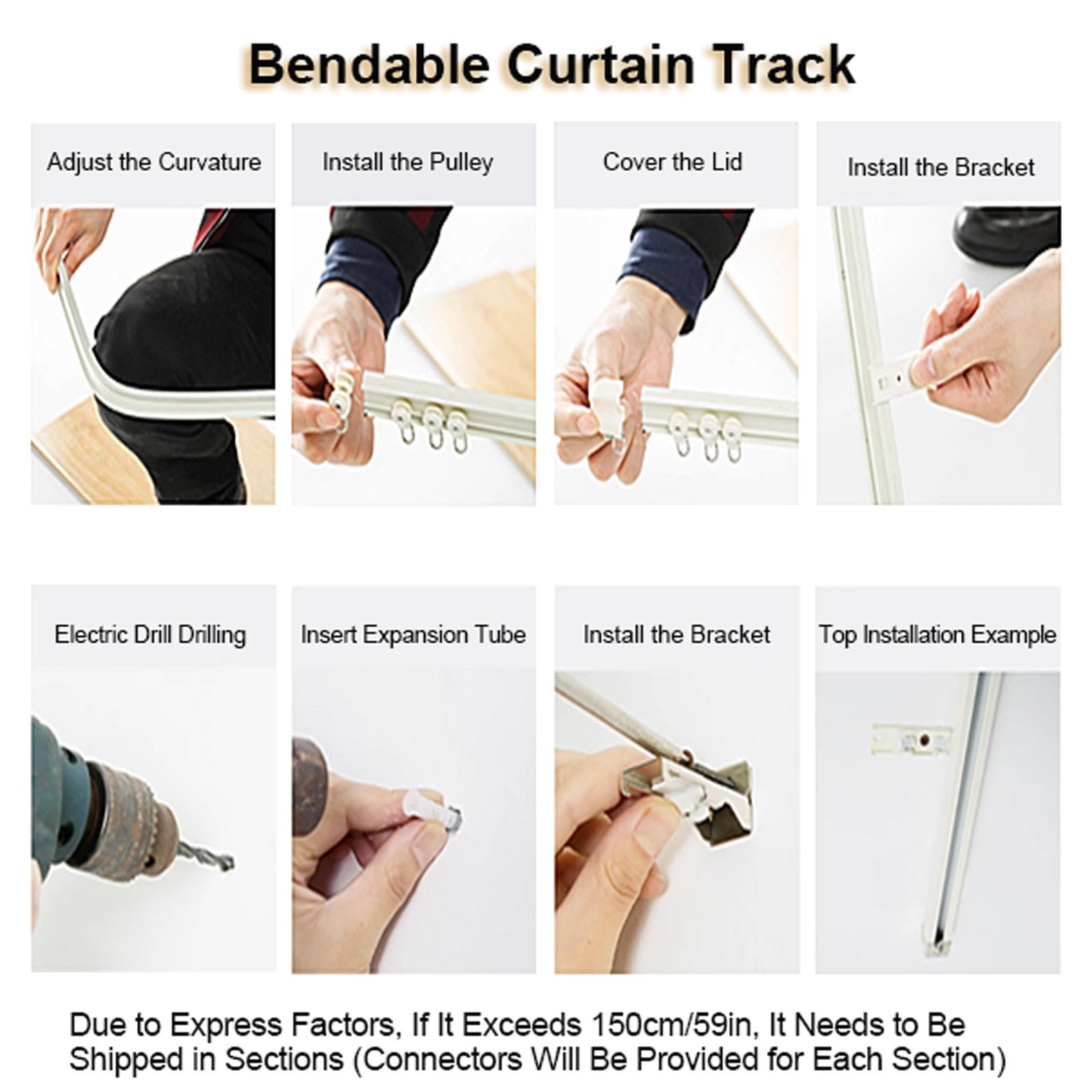 Rail de Rideau Incurvé Cloisonné Rail de Plafond Kit Tringle a Rideaux Coulissants Rail pour Rideaux Aluminium pour Fenêtre(White-Side,300cm(2 * 150cm))