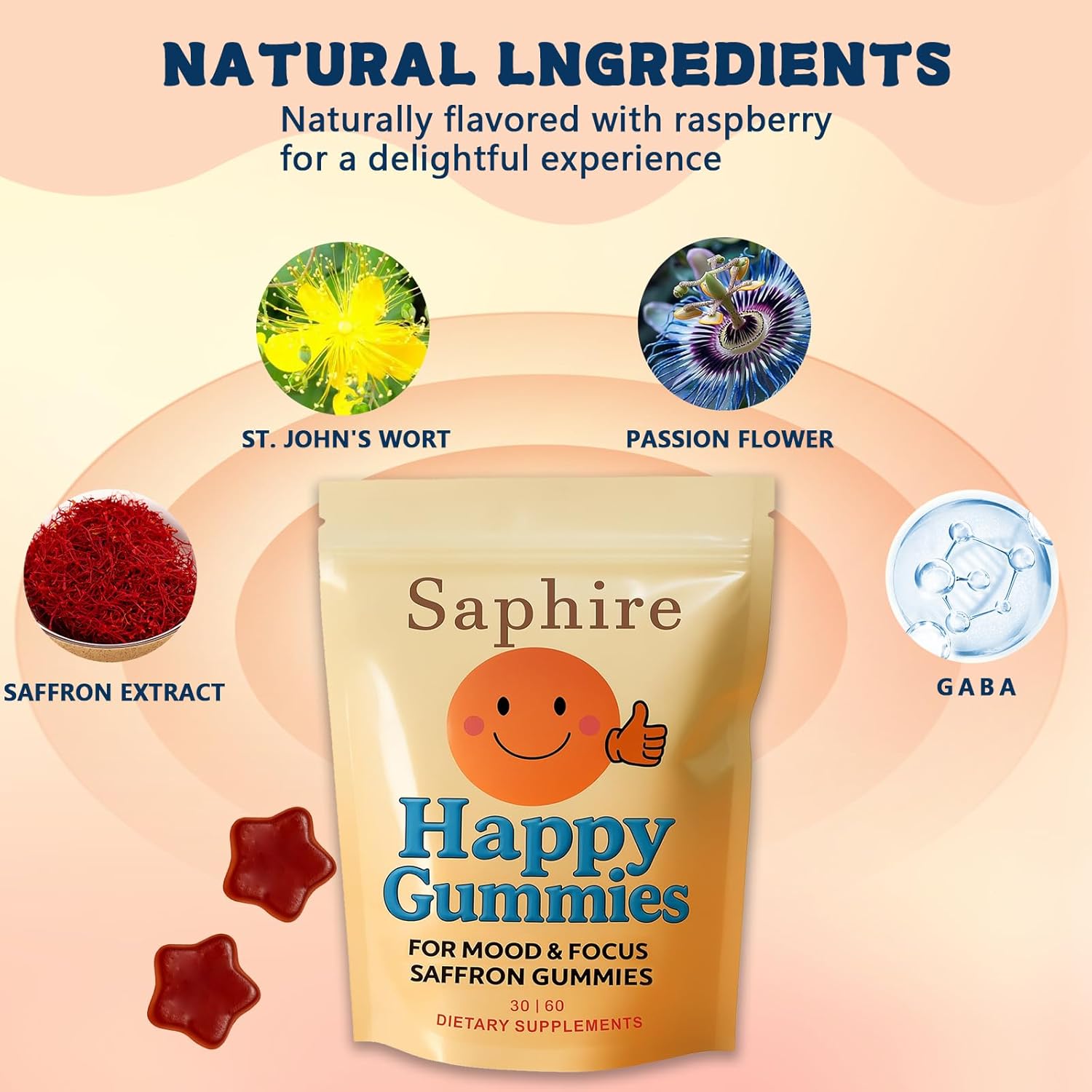 Gummies – Calm & Focus Support Gummies, Sugar-Free Saffron Chews with Passion Flower & Chamomile, Daily Mood Balance Supplement, 60 Count(30-Day Supply).(1)