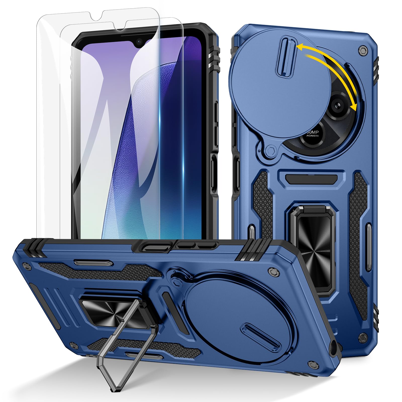 Doeshine Hülle für Xiaomi Redmi Note 13 4G, Handyhülle mit 2 Stück Displayschutzfolie & Kameraschutz, Rotate Ring Ständer, Robust Fallschutz Outdoor Militär Schutzhülle für Redmi Note 13