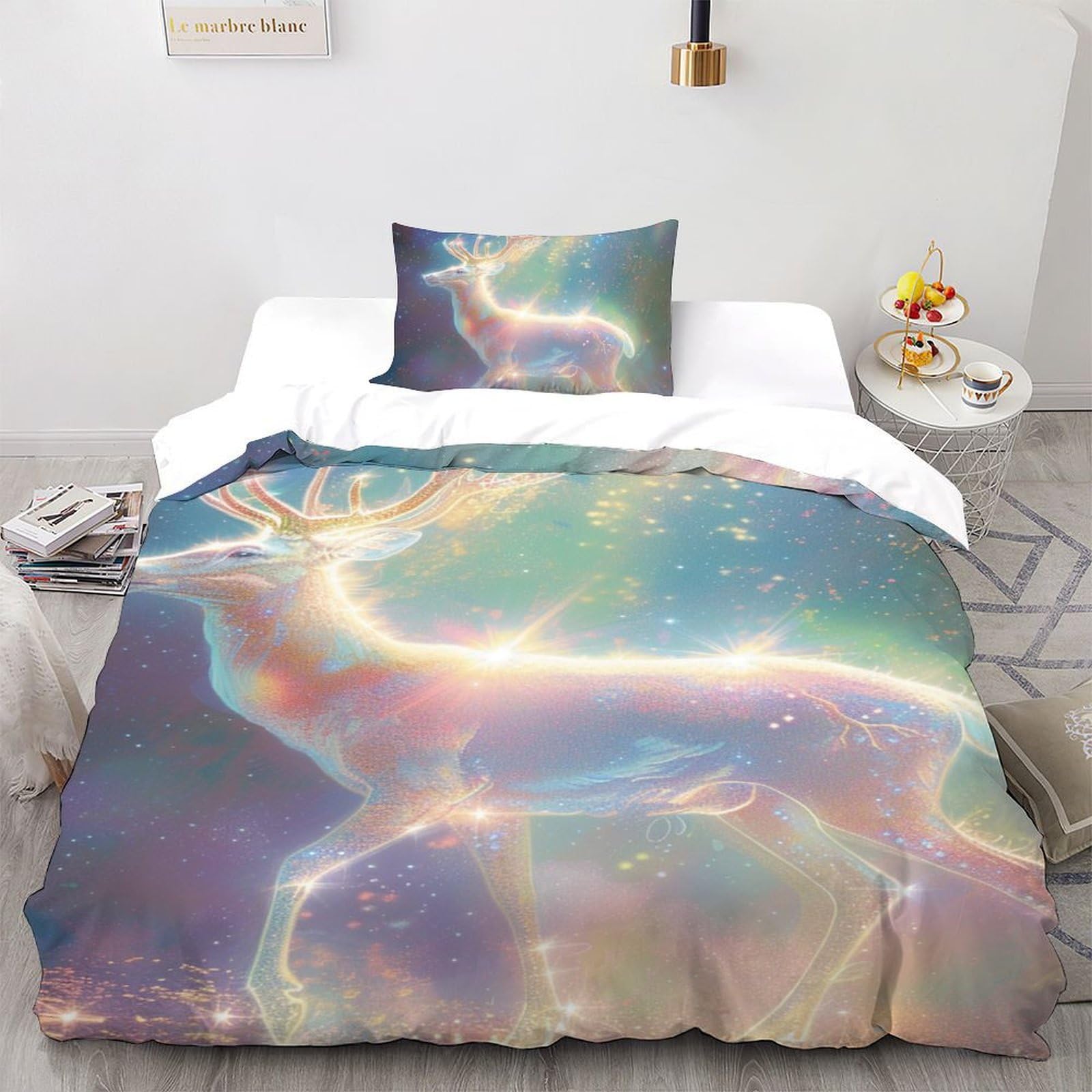 Parure housse de couette simple 3D White Elk 135x200cm lit enfant avec fermeture éclair taie