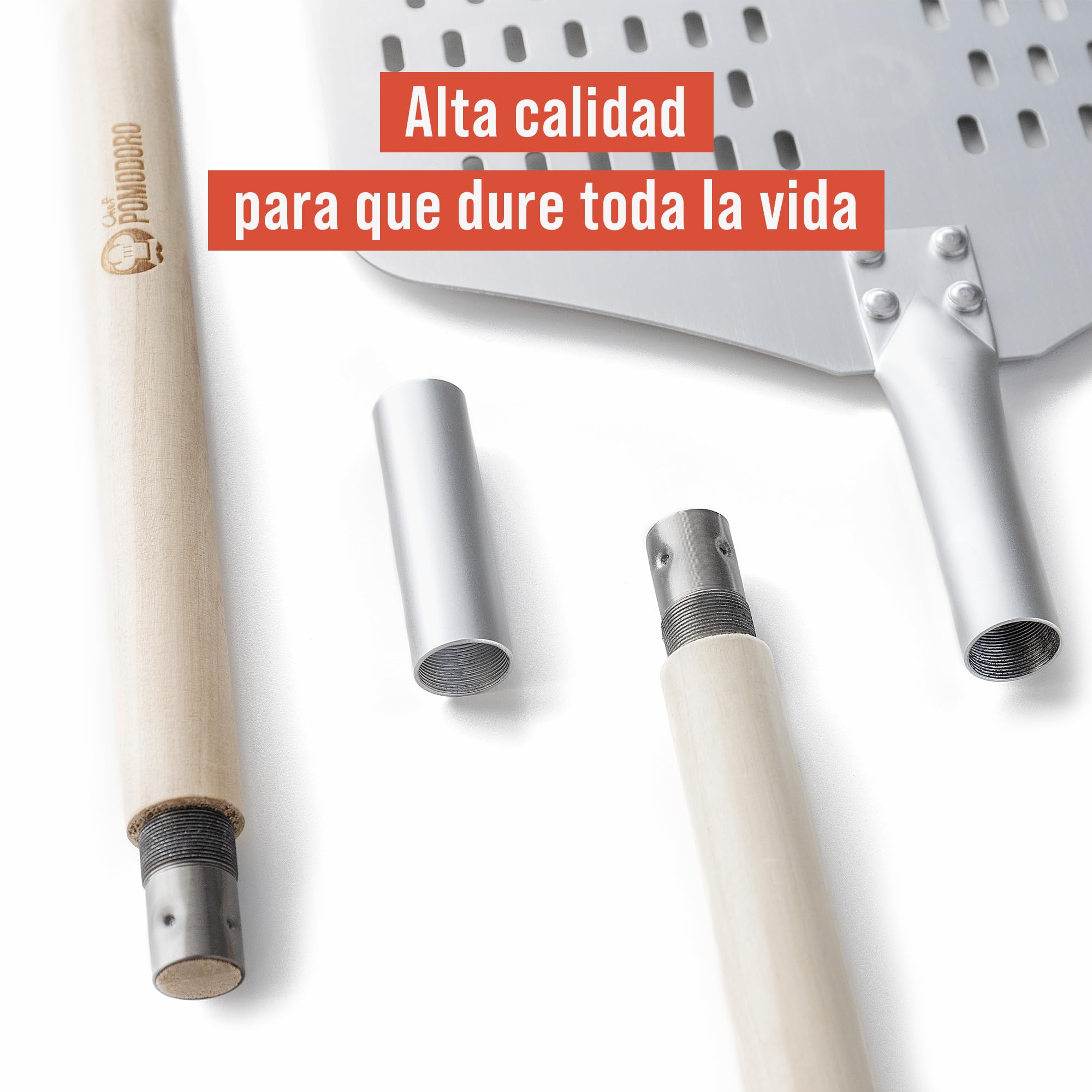 Chef Pomodoro Pala Pizza Horno Larga Perforada 30 x 36 cm, Pala para Pizza de Aluminio con Mango Extensible de Madera Desmontable de 124 cm para Fácil Almacenamiento, Accesorios Cocina Hogar Gourmet