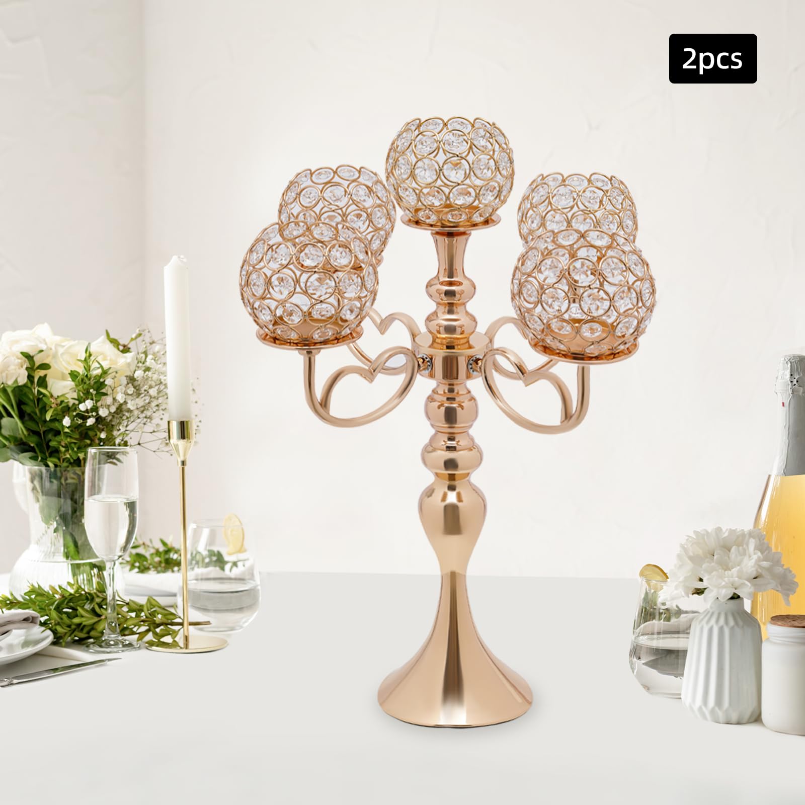 2 Pack 5 Arm Crystal Candelabra Centerpieces, 21.5in Tall Metal Candle Holder Table Candelabra Stand w/Crystal Candle Holder Bowl, Elegant Centerpiece Table Decorations for Home Wedding Party (Gold)