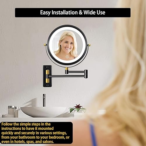 Miniatura 4 de Bufccy Espejo de maquillaje con aumento montado en la pared con luz, espejo de tocador LED de doble cara de 9 pulgadas, 1X10X, espejo de maquillaje