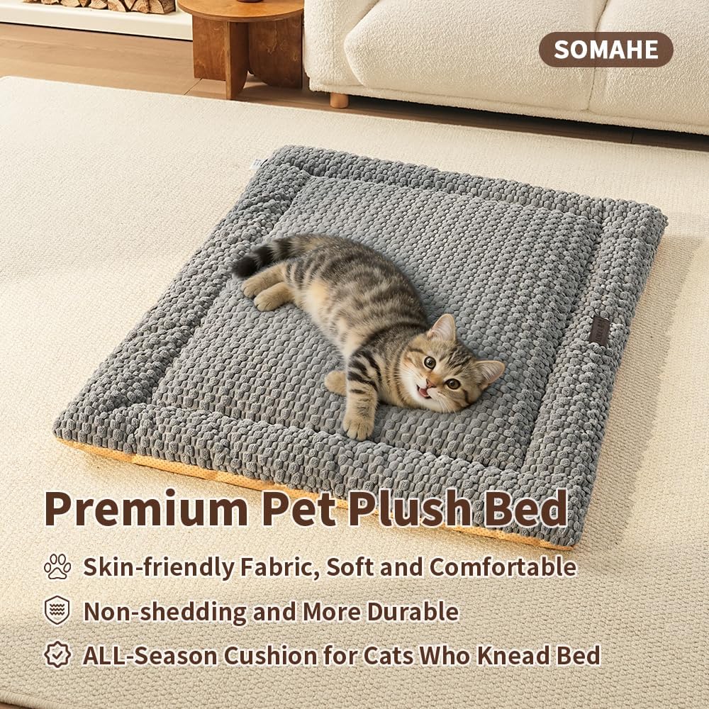 Plush Cat Kneading Bed Mat, Premium Plush Fabric Bed with Non-Slip Bottom, 3cm Thick All-Season Cushion for Cats Who Knead, Machine Washable Anti-Static Pet Bed, 23x15 Inch, Grey