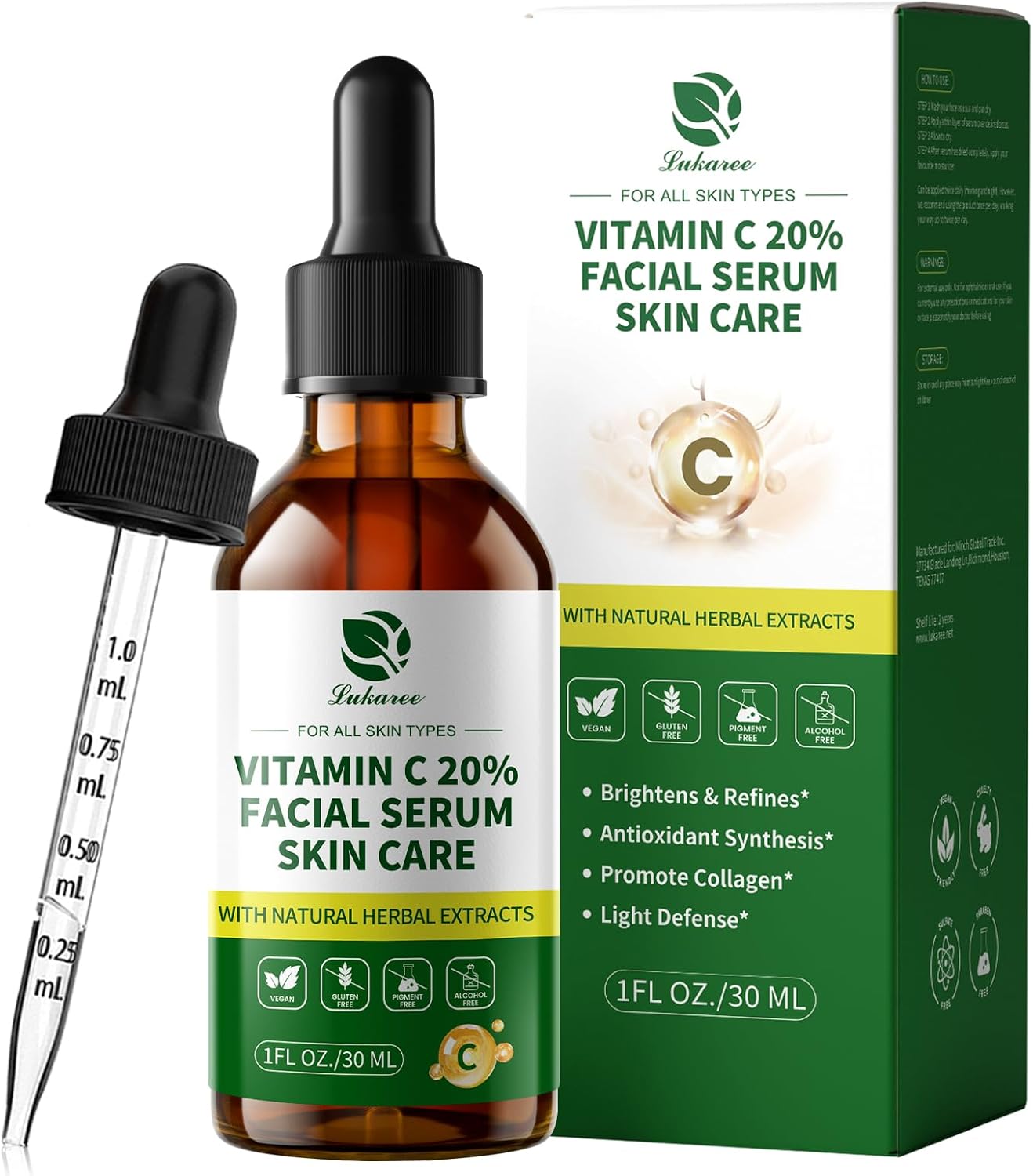 Lukaree Vitamin C Serum for Face – Brightening Vitamina C Facial Serum with Sodium Hyaluronate | Evens Skin Tone & Smooths Fine Lines | Antioxidant-Rich Beauty Product for All Skin Types,1 Fl Oz