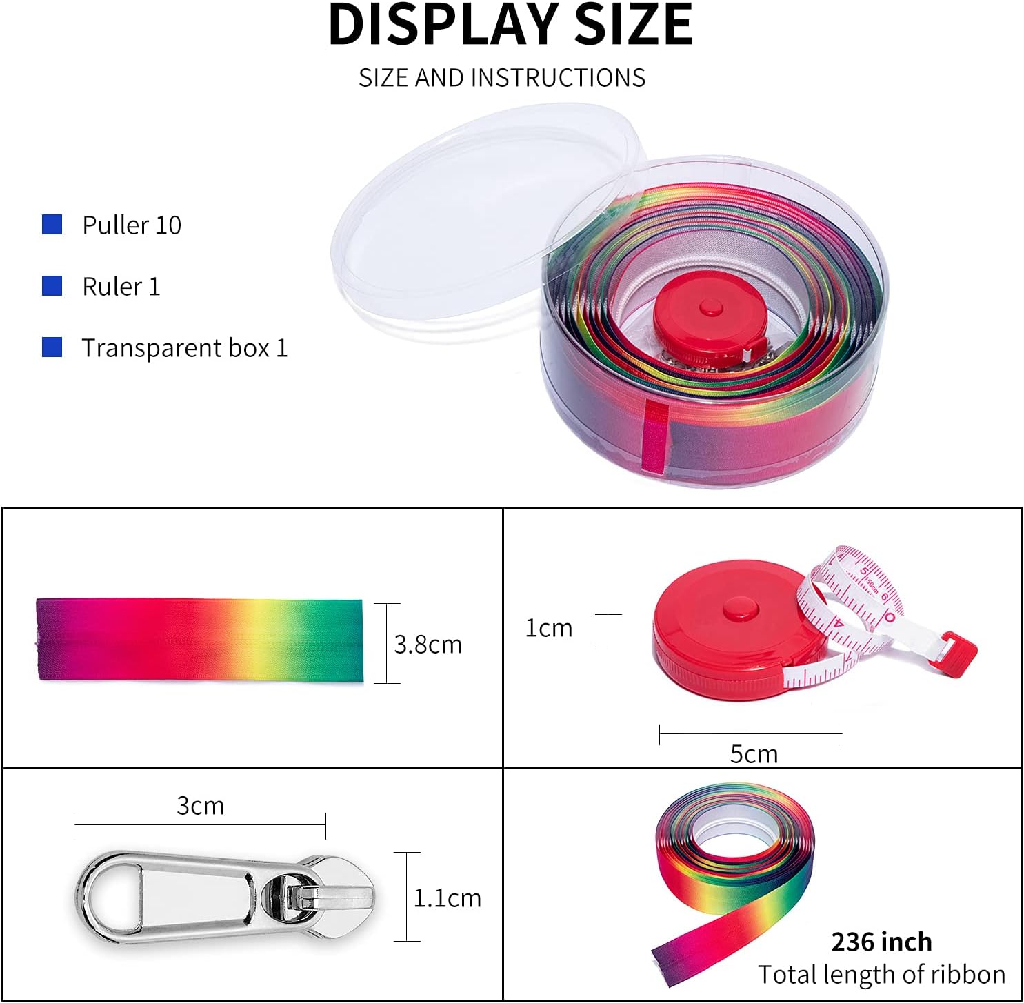 #5 Yard Nylon Coil Zipper DIY Zipper Star Rainbow Craft Long Zipper with 10 Sliders & Soft Retractable Tape Measure for Tailor Sewing