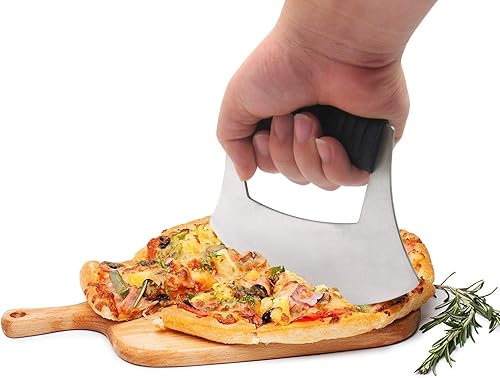 Miniatura 4 de Mezzaluna Cuchillo cortador de pizza picador de ensalada – Cuchillo de acero inoxidable afilado Ulu con cubierta protectora para cortador de pizza,