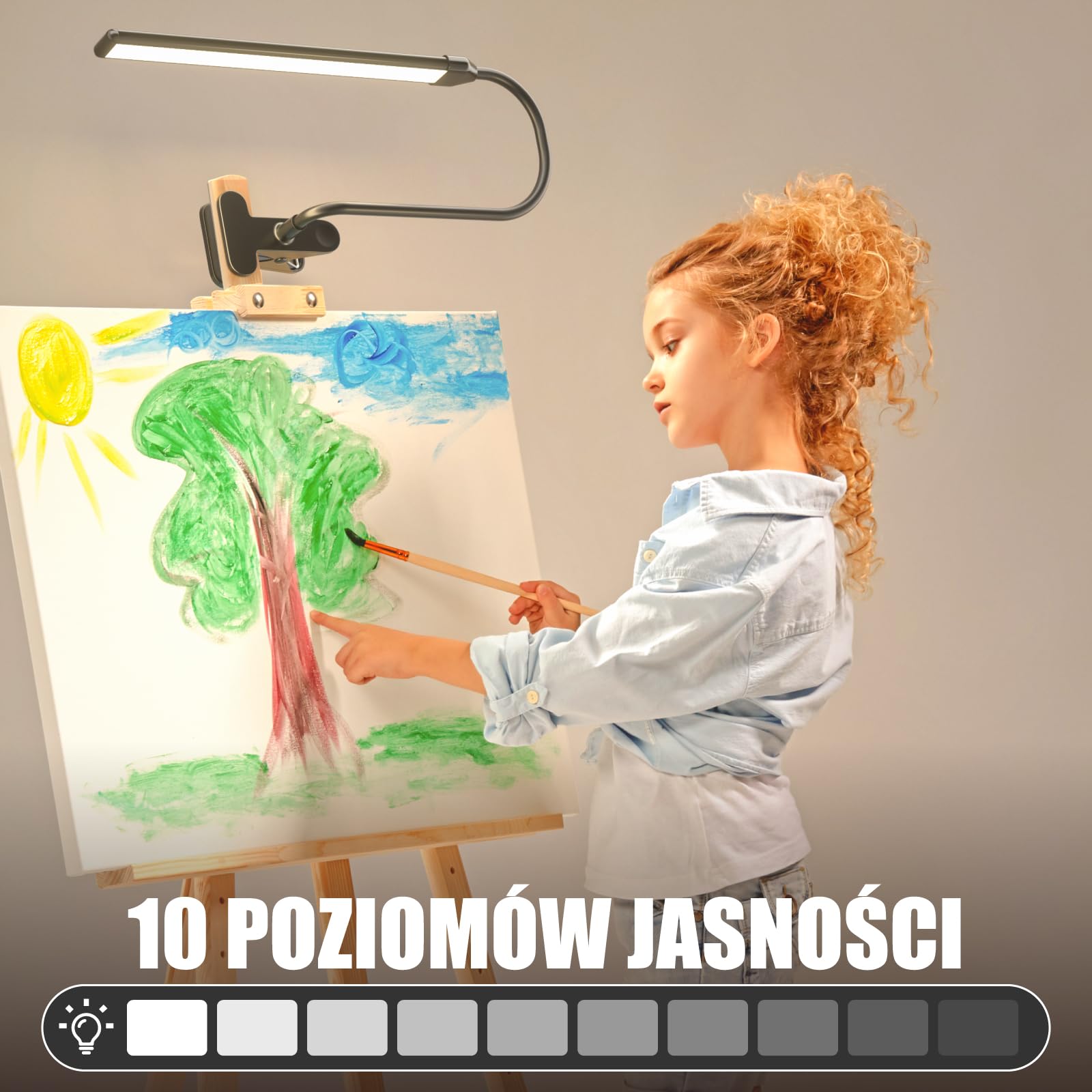 Lampka LED na Zacisk do Malowania dla Artystów, 3 Tryby Światła, 10 Poziomów Jasności, 300lm Światło do Czytania Rysowania z Elastycznym Ramieniem, Zasilanie USB