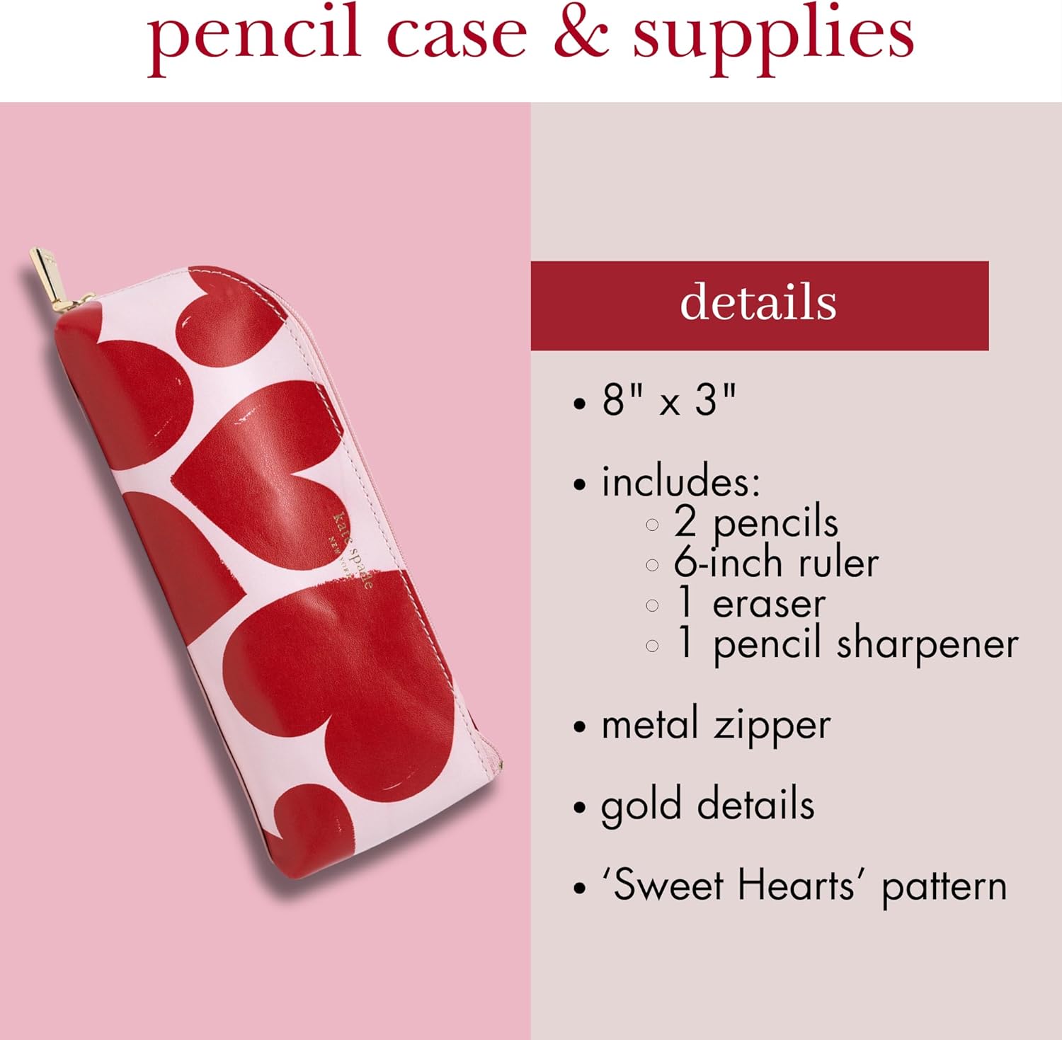 kate spade new york Pen and Pencil Case with Office Supplies, Zip Pouch Includes 2 Pencils, Sharpener, Eraser, and Ruler, Sweet Hearts - Image 6