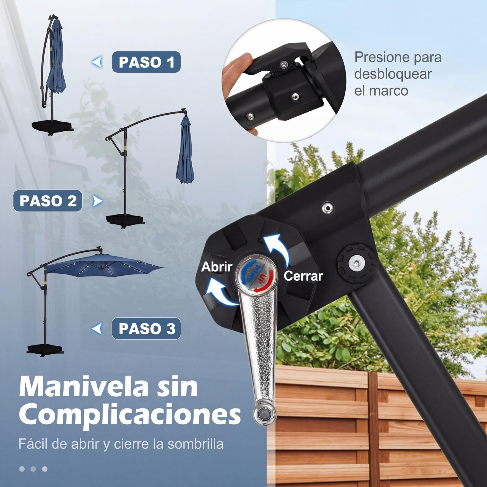 COSTWAY Sombrilla Terraza Exterior con Base, Parasol Excentrico con 32 Luces LED, Rotación de 360°, Manivela, Sacos de Arena, Sombrilla Jardín Grande para Patio Terraza (300 x 300 cm（con Luz）,Azul)