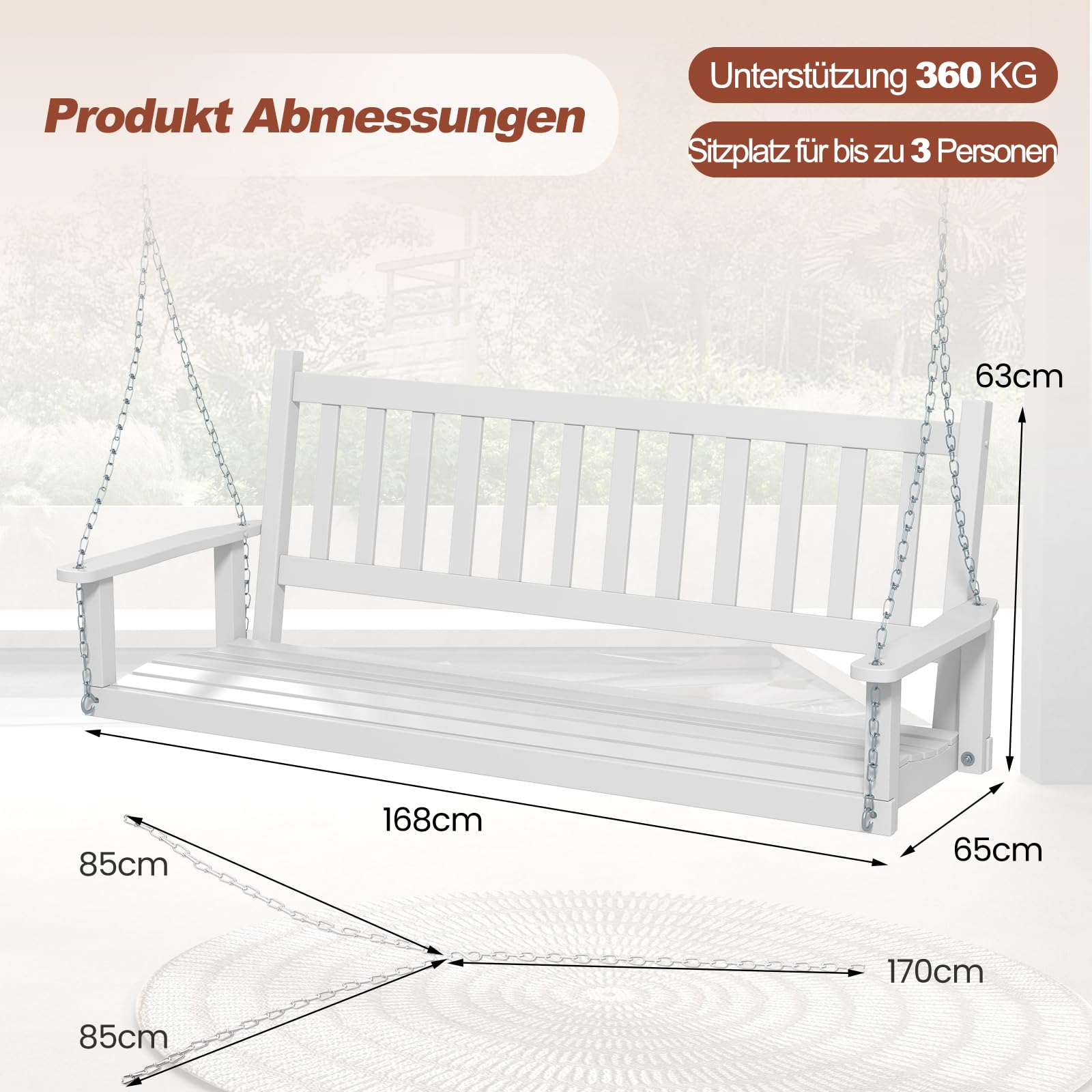 GOPLUS Hängebank, Gartenschaukel aus Pappelholz bis 227kg/360kg belastbar, Hängeschaukel mit Verstellbarer Kette, Hollywoodschaukel Schaukelbank Outdoor für Terrasse Garten Hof (3-Sitzer,Weiß)