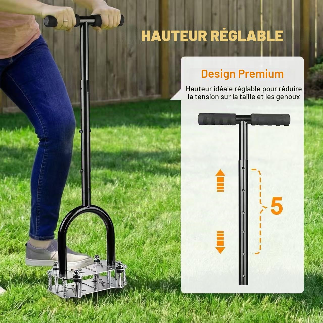 Aérateur de Gazon à 14 Picots, Aérateur de Pelouse Manuel avec Semelle Antidérapante – Scarificateur et Aérateur pour Sol Compacté, Outil d’Aération pour Gazon, Jardin et Pelouse