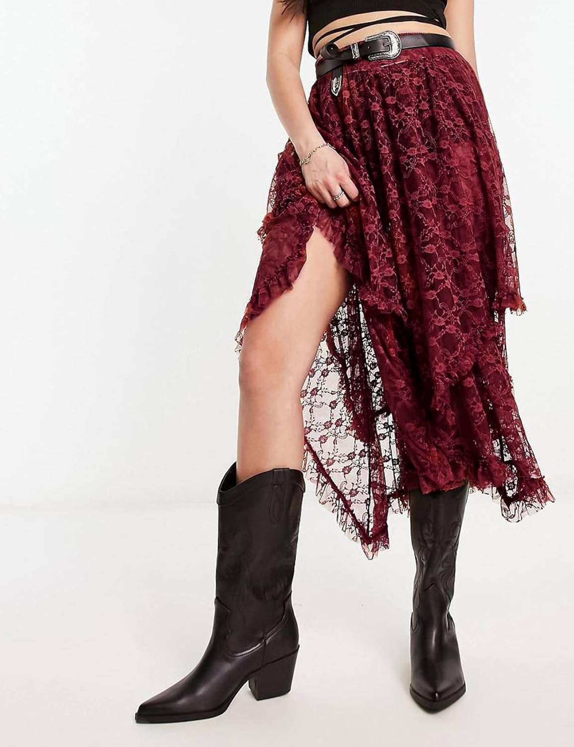 Yimoon Lace Skirts for Women Flowy Boho Maxi Skirt Elastic Asymmetrical Layered See-Through Long Skirt