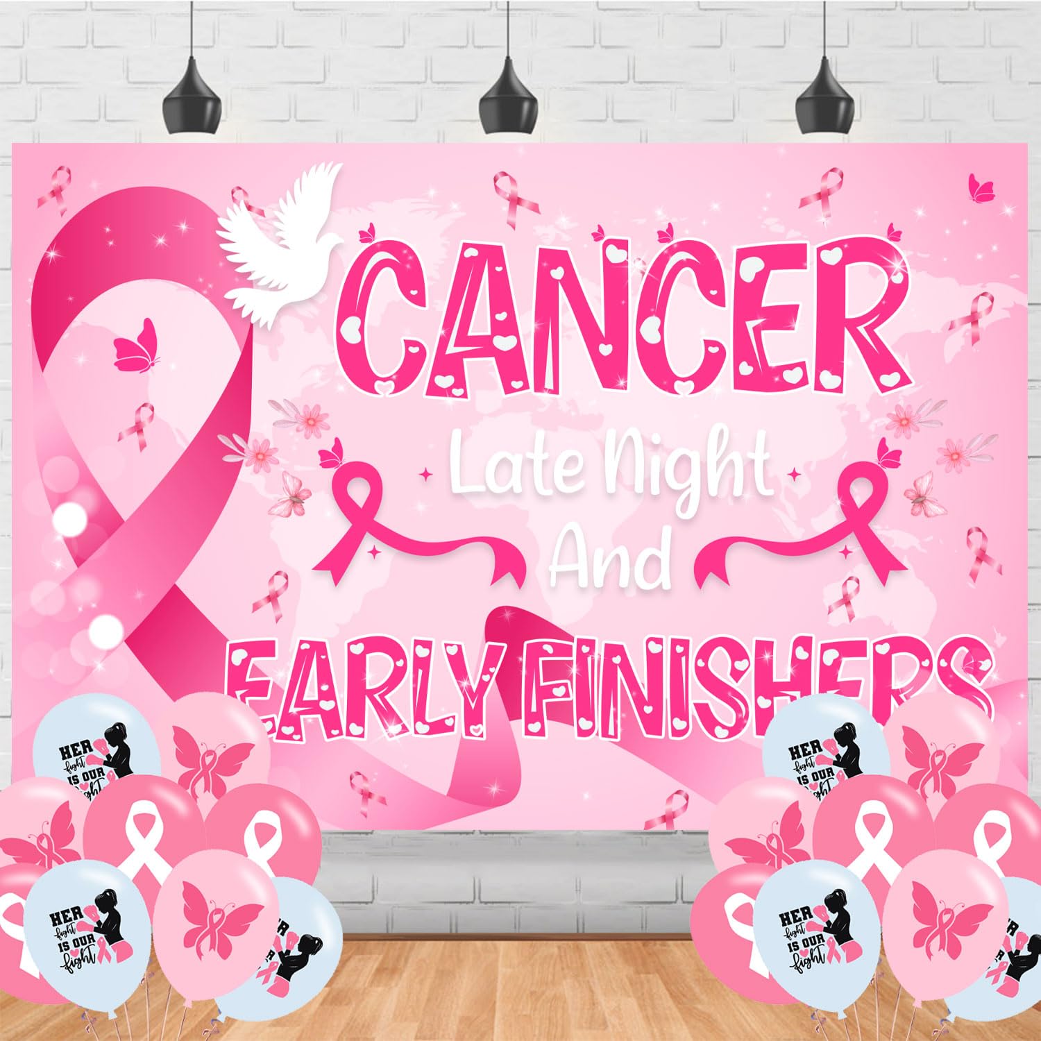 Photo 1 of Breast Cancer Awareness Banner Ribbon Banner Breast Cancer Backdrop Hope Faith Strength Courage Pink Ribbon Yard Sign Banner for Breast Cancer Awareness Decor Survivor Cancer Signs Party 5x3ft